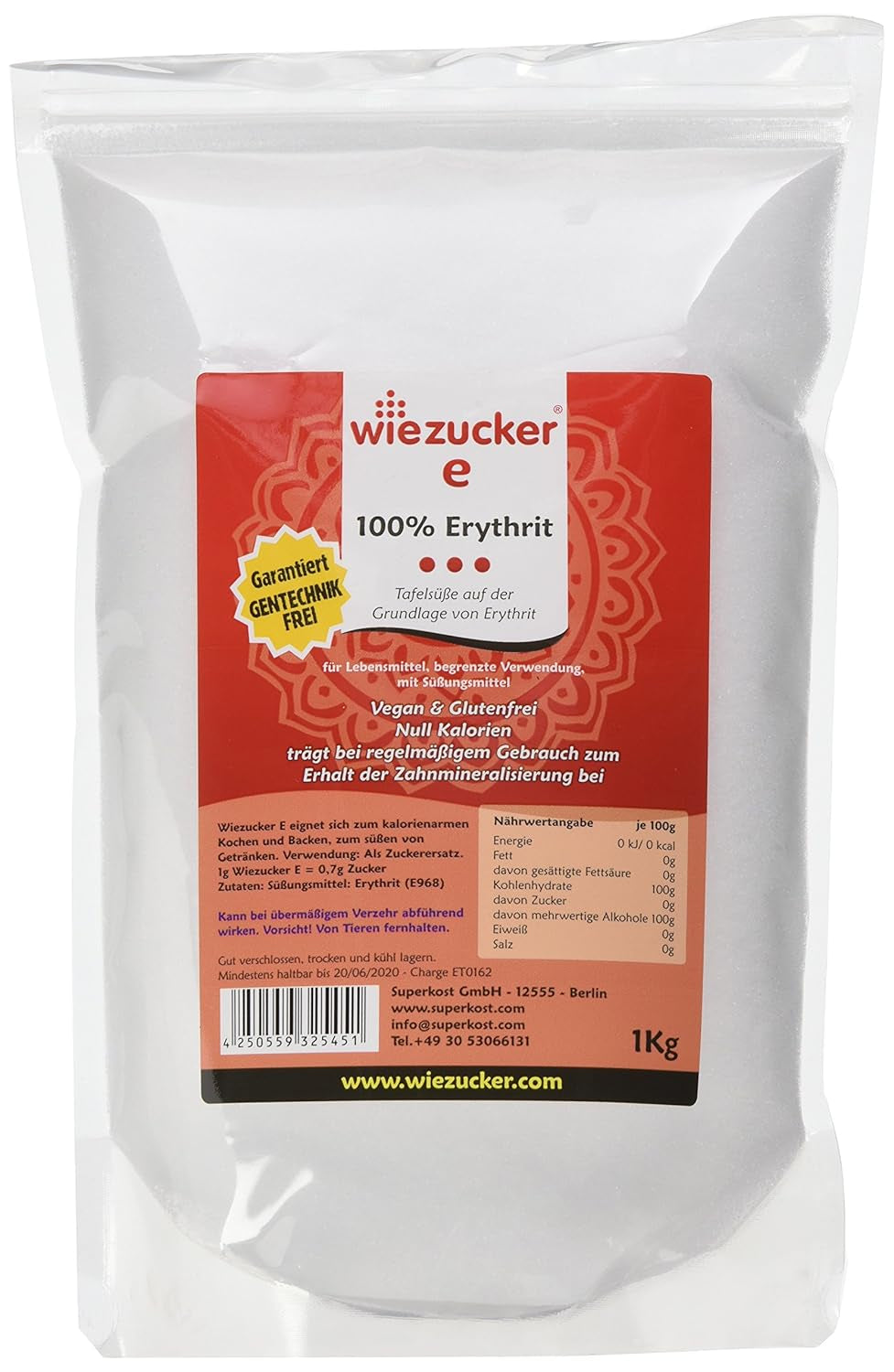 Erythritol, 1Er-pakket (1 X 1 Kg) 1000 Gram Zoetstoffen Naty Shop Single