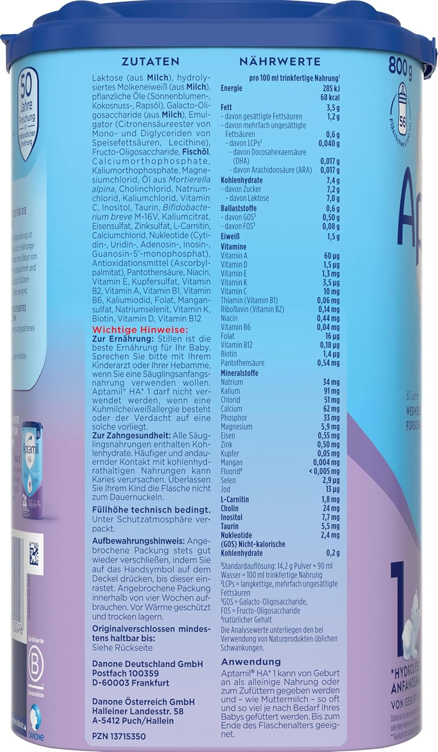 Aptamil HA 1 - Zuigelingenvoeding vanaf de geboorte, met DHA, lactosevrij, palmolievrij, babyvoeding, melkpoeder, 1 x 800 g