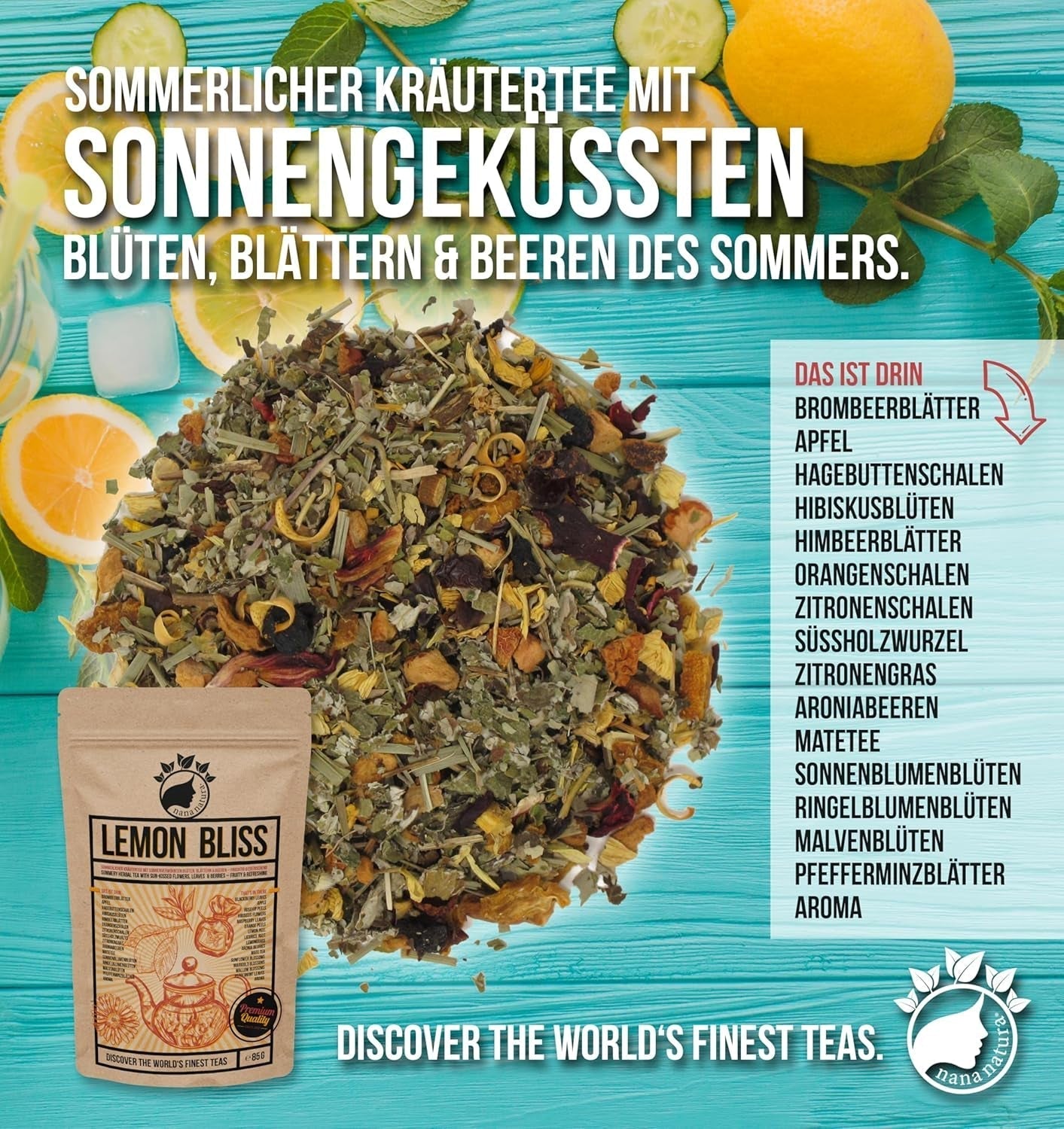 Nananatura'S Originele CITROEN BLISS THEE 85G | Fruitige en verfrissende zomerkruidenthee | Als koude thee, ijsthee of klassiek heet | Met bloemen, bladeren en zongerijpte bessen | Geen suiker