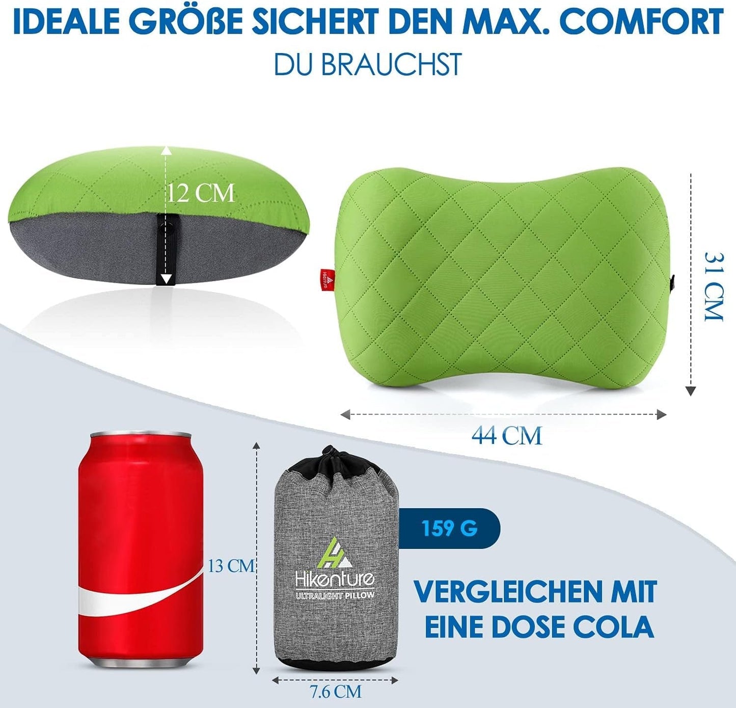 HIKENTURE Opblaasbaar kampeer- / reiskussen met afneembare kussensloop, ergonomisch kussen, comfortabel nekkussen voor reizen / buiten, opblaasbaar reisnekkussen (groen) ... Cervicale orthopedische kussens Naty Shop
