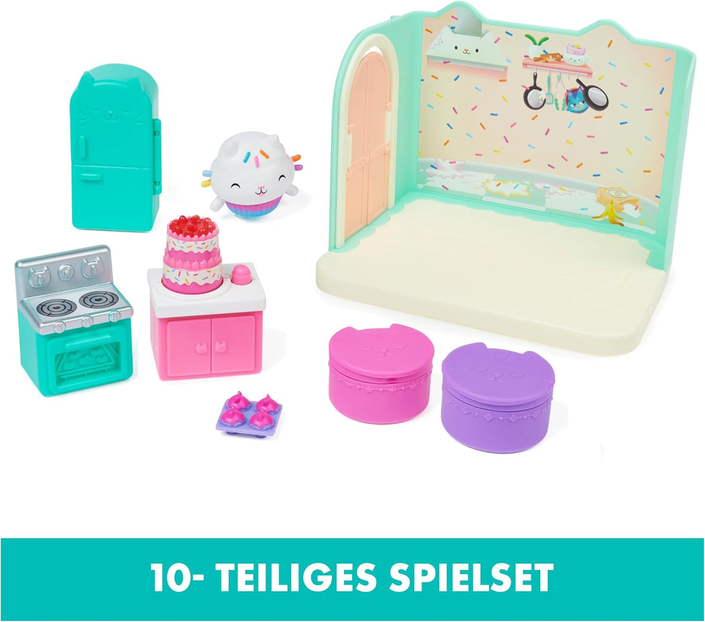 GABBY'S DREAMWORKS POPPENHUIS - Deluxe kamer, Cakey Confectionery, Kuchi Kitchen (Roemeens: Cakey), 3 meubels en 2 verrassingsdozen met accessoires, geschikt voor kinderen vanaf 3 jaar