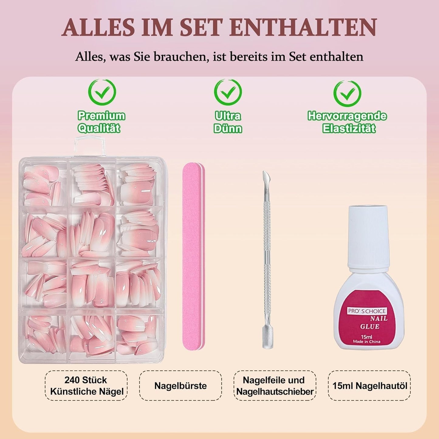 Ballerina kunstnagels set - 240 stuks delicate lila roze kunstnagels, volledig dekkende lijm op kunstnagels, kunstnageltips set voor manicure en nagelkunst voor vrouwen en meisjes (lavendelroze)