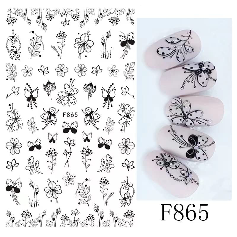 JMEOWIO Nagelsticker Blumen 10 Blatt Nagelaufkleber Selbstklebend Zwart Wit Blossom Nail Art Sticker Decoratie Nageldesign Zubehör