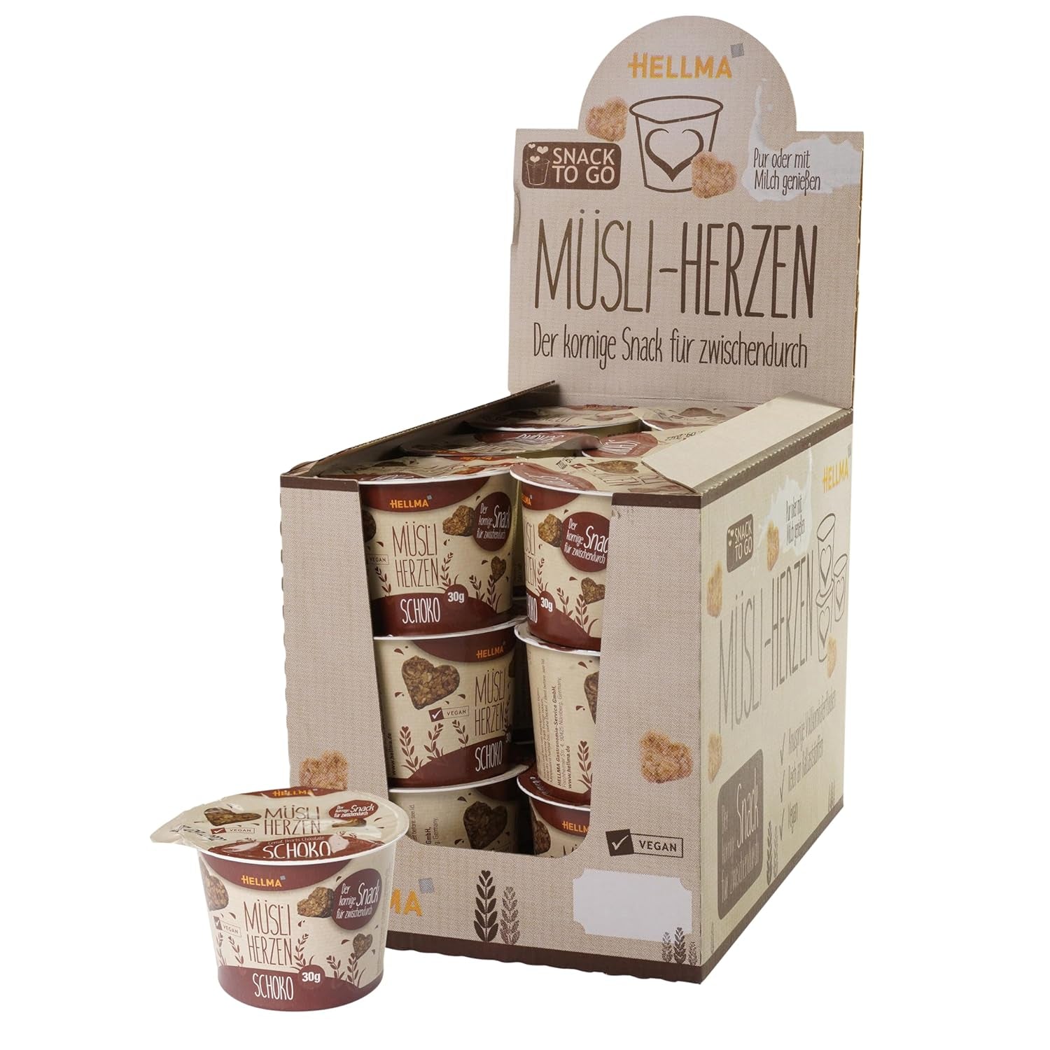 HELLMA Hartjes met Muesli en Chocolade - 18 porties, elk 30 g - Havermout bedekt met chocolade in de vorm van een hart, meeneembekers