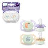 Philips AVENT Ultra Start Nachtfopspeen, orthodontische fopspeen voor pasgeborenen, Glow in the Dark, BPA-vrij, met sterilisatiecontainer, Twin Pack, Maan, Ster, SCF075/07