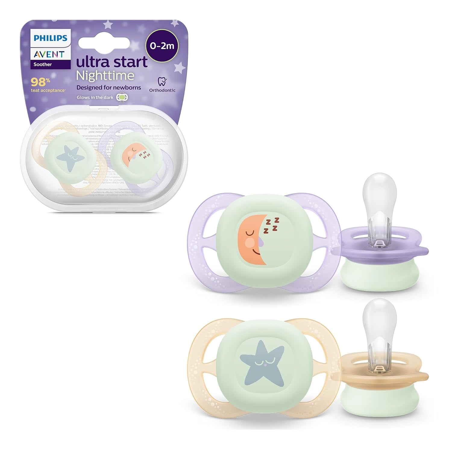 Philips AVENT Ultra Start Nachtfopspeen, orthodontische fopspeen voor pasgeborenen, Glow in the Dark, BPA-vrij, met sterilisatiecontainer, Twin Pack, Maan, Ster, SCF075/07