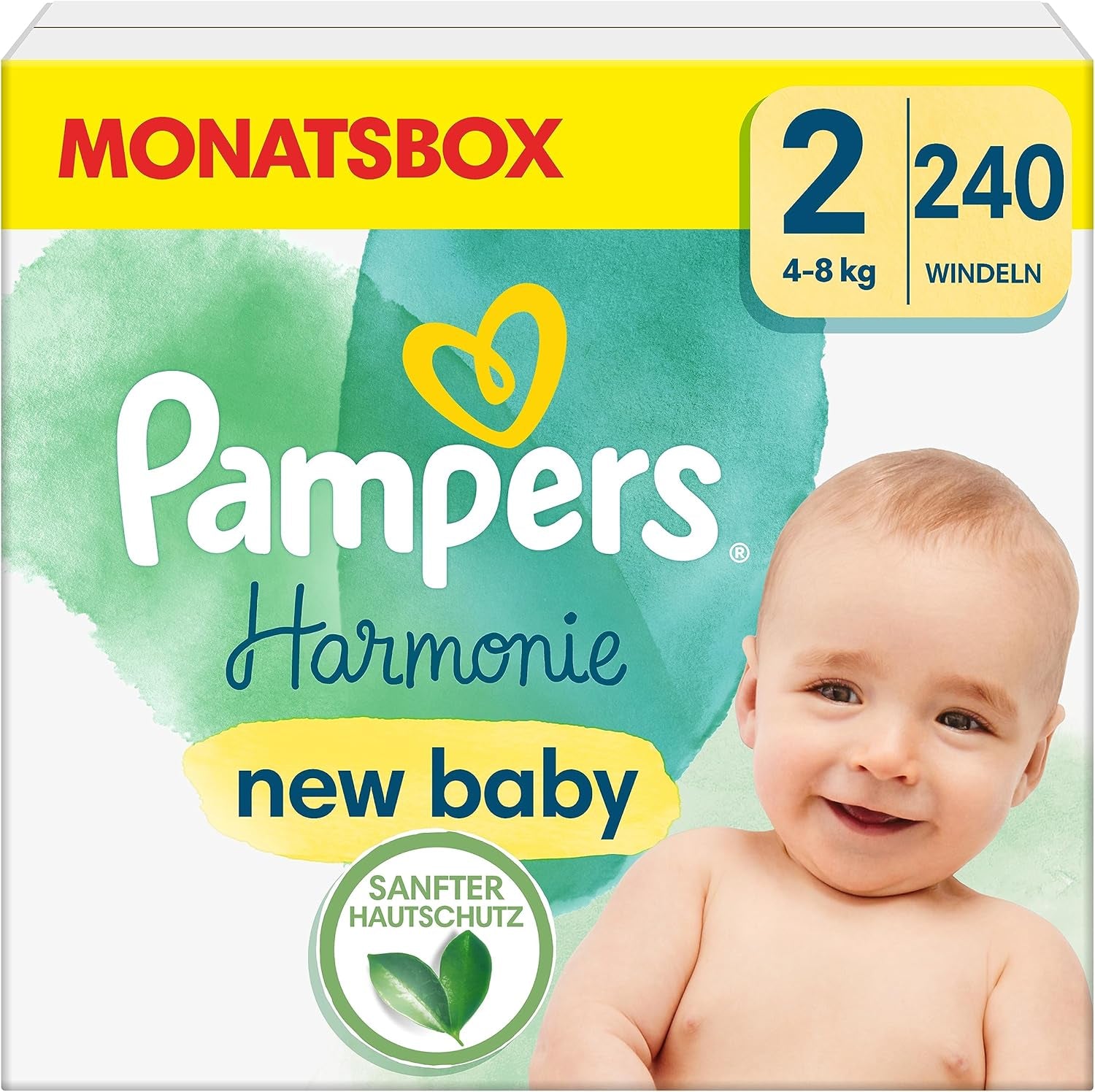 Pampers Babyluiers, maat 2 (4-8kg), Harmony, Half Moon Box, zachte huidbescherming en kruideningrediënten, 240 stuks