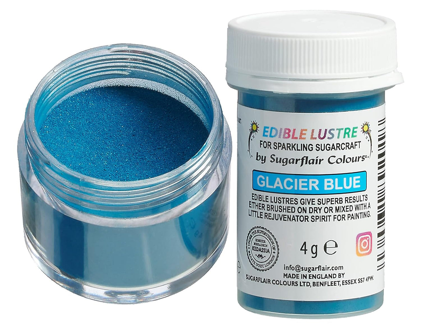 Sugarflair Lustre eetbare voedselkleuring, Glacier Blue - Eetbaar glanspoeder voor cakes, muffins, chocolade, gebak, desserts, ijs, drankjes, cocktails en meer - 4g