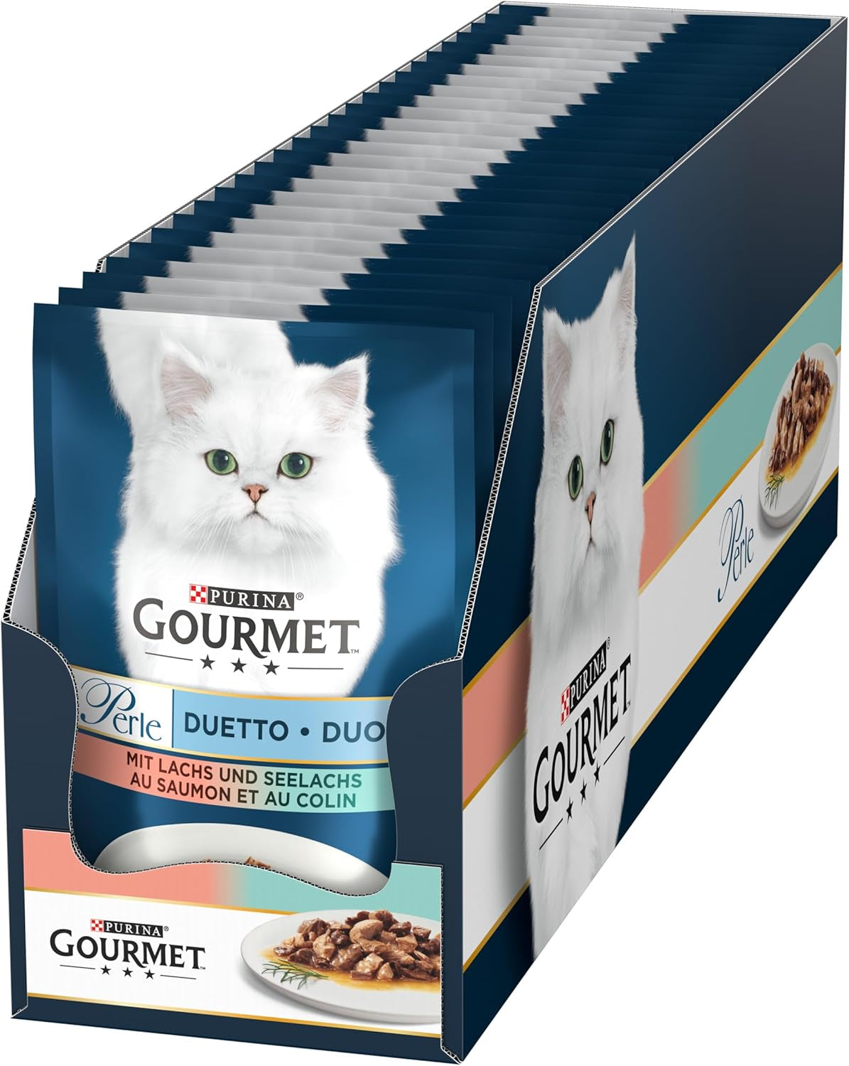 Gourmet Perle Duetto Nat kattenvoer met zalm en gele kabeljauw, 26 stuks (26 x 85 g)