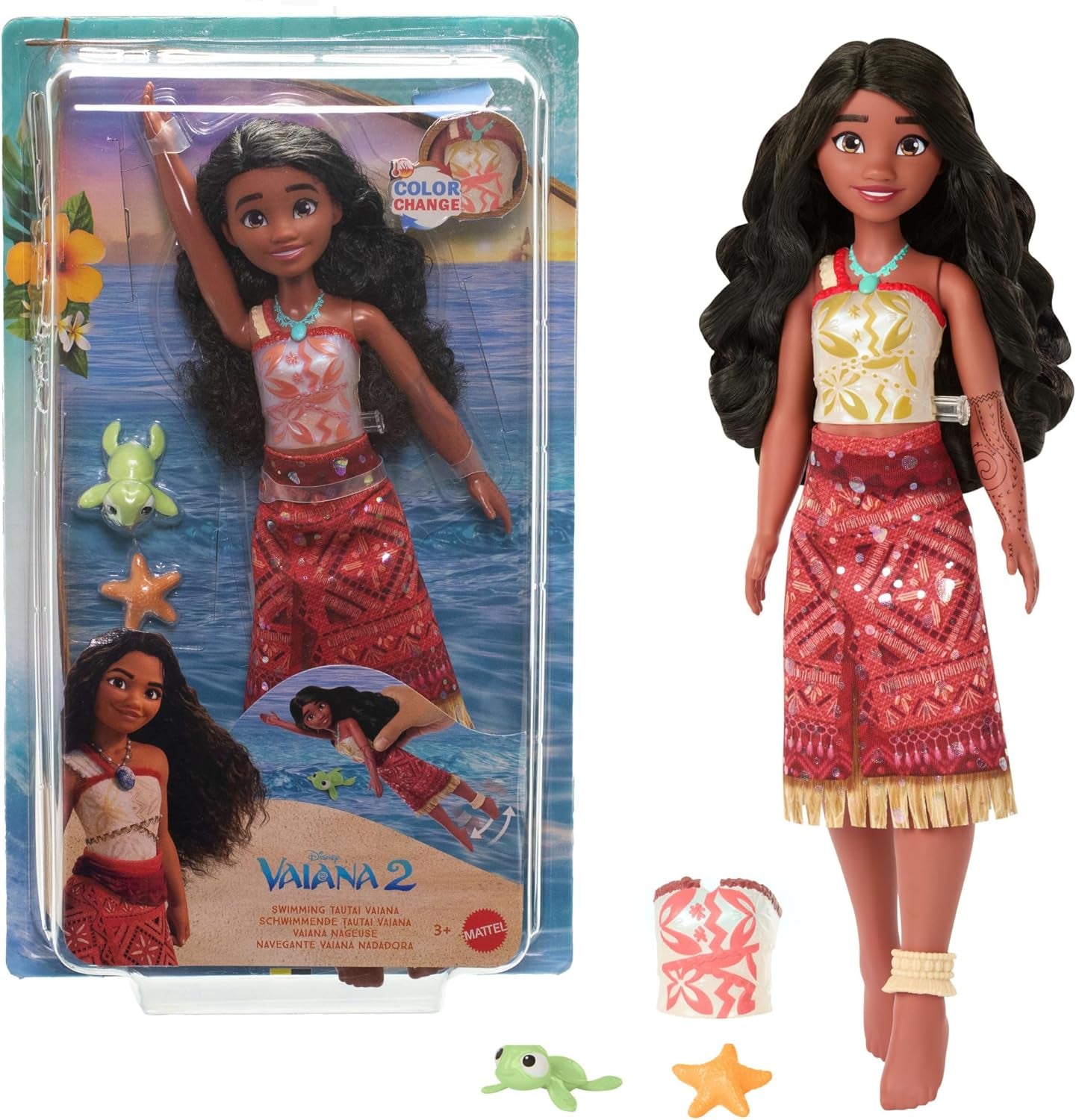 Mattel Toys Disney Moana 2 Tautai Moana zwemmodepop met 2 accessoires, van kleur veranderende bovenkant en benen voor zwembewegingen Geïnspireerd door de film JFF09