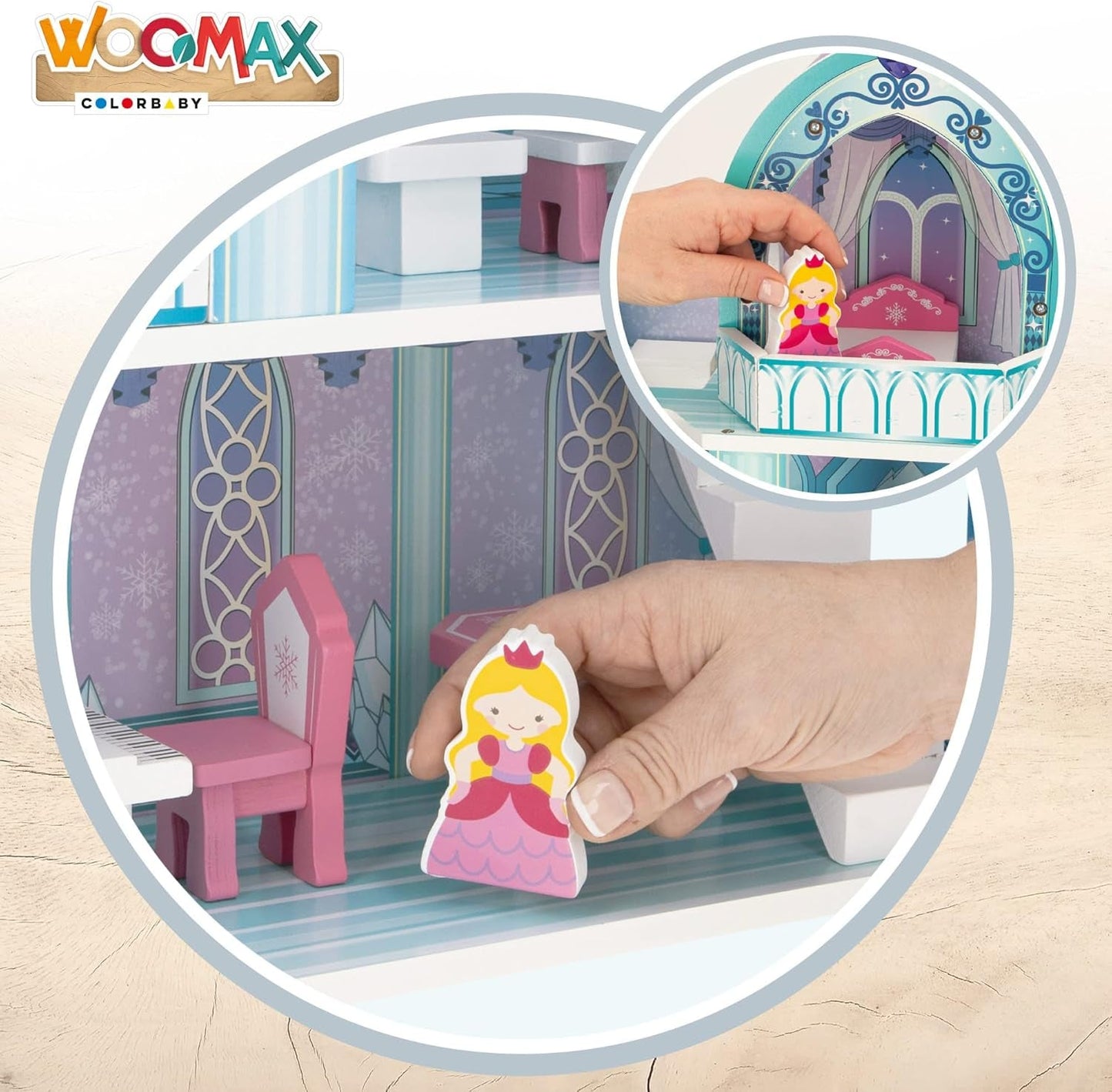 Houten poppenhuis, houten prinsessenkastelen, poppenhuizen, 3 verdiepingen, prinsessenkastelen, 9 houten stukken, 37x15x53,5cm, houten speelgoed, vanaf 3 jaar
