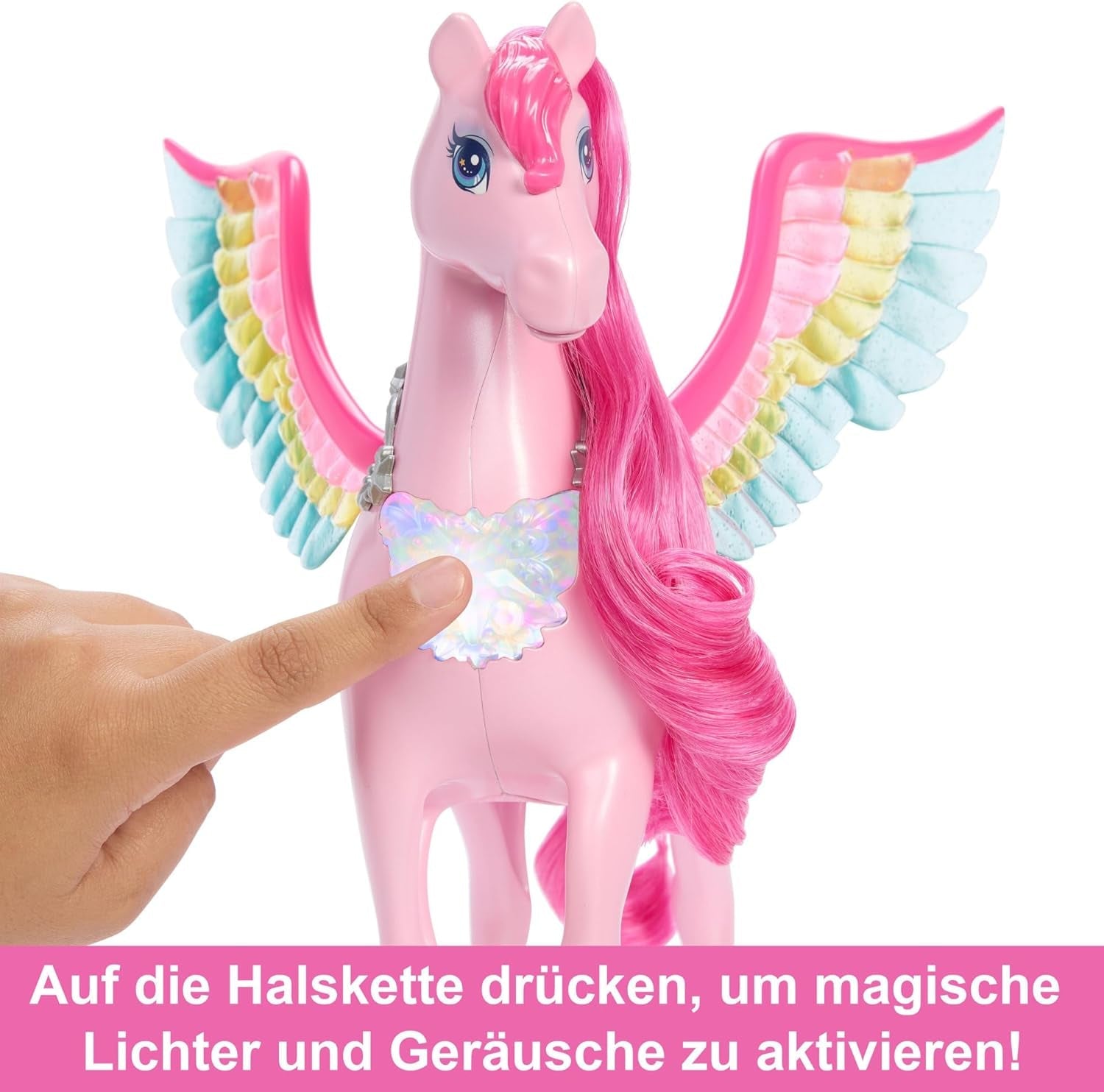 Barbie Pegasus Magic Hide and Seek - Interactief speelgoed met licht en geluid, 10 accessoires, regenboogvleugels, voor kinderen vanaf 3 jaar, HLC41