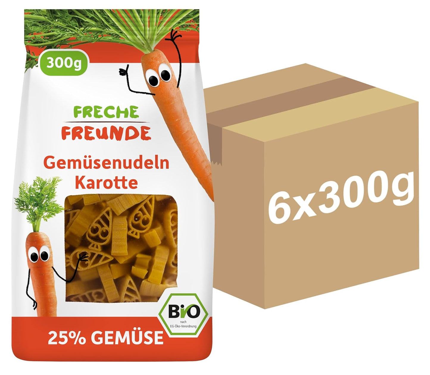 Freche Freunde Biologische Groentennoedels 'Wortel' 25% Plantaardig Inhoud Veganistisch 6 Pack (6 x 300g)