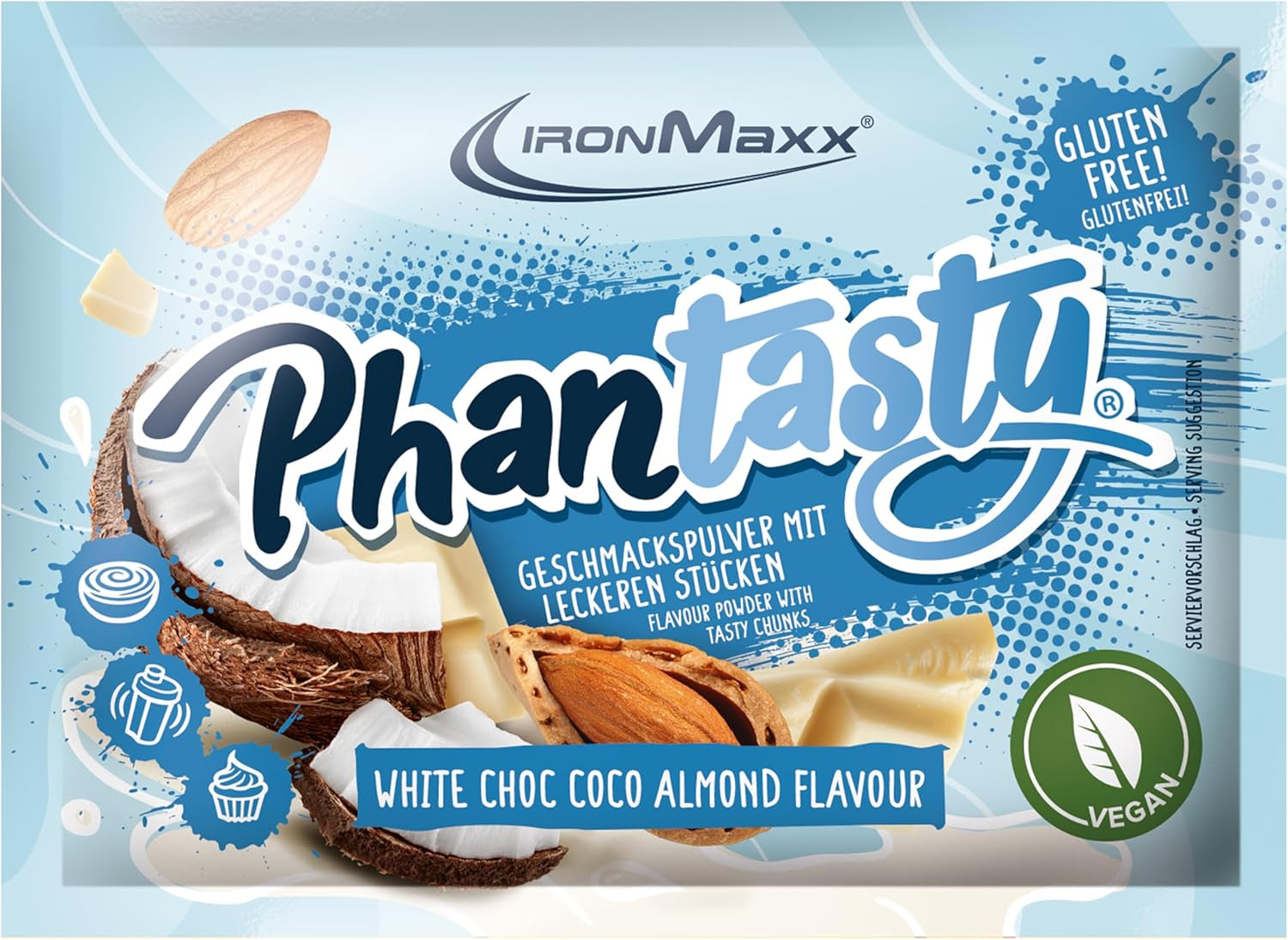 Ironmaxx Phantasty - Romige perzik 250G dosis | Veganistische Geschmackspulver Mit Echten Frucht- Oder Nussstückchen | Perfekter Zuckerersatz Zoetstoffen Naty Shop 15 G (1Er-pakket) Witte Choc - Kokosamandel
