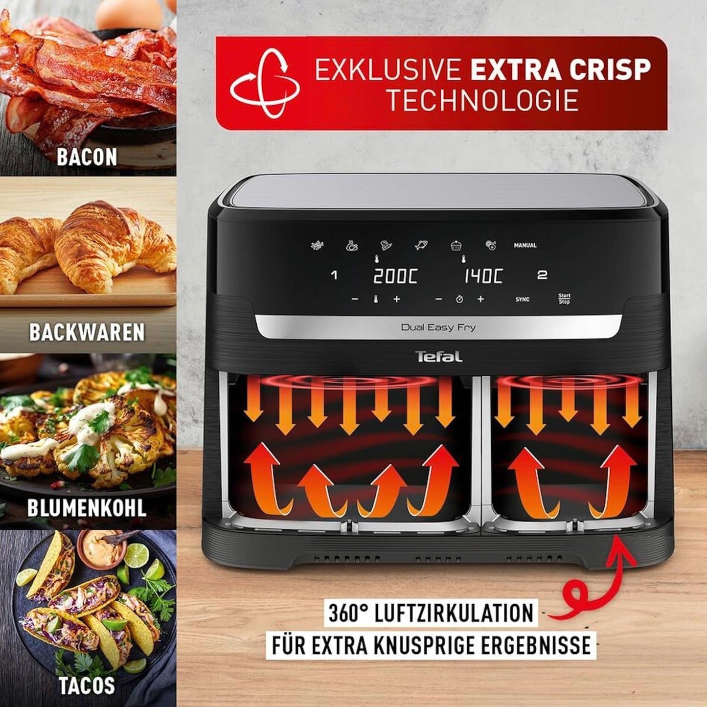 Tefal Dual Easy Fry Heteluchtfriteuse met twee kamers, inhoud 5,2/3,1 liter, twee onafhankelijke laden, 7 programma's Huishoudelijke apparaten Naty Shop