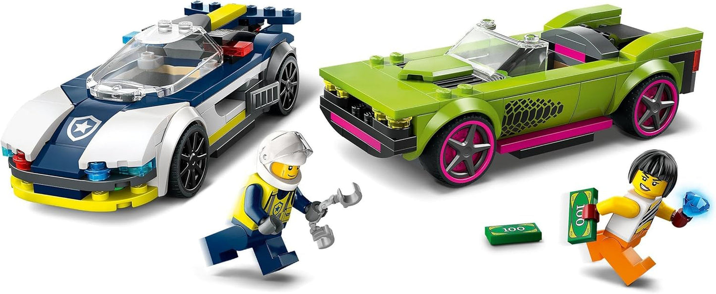 LEGO City Autoachtervolging met politieauto en muscle car, speelgoedtrein met 2 raceauto's, politiecadeau voor kinderen, jongens en meisjes vanaf 6 jaar, set met politieagent en minifiguren Ganovin 60415 Bouwsets Besuche den LEGO-Store