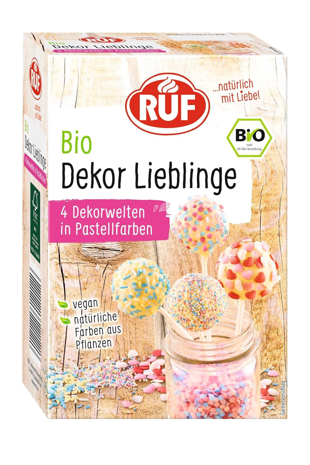 RUF Organic Dekor Lieblinge, 4 soorten kleurrijke bakdecoraties met hagelslag, suikerparels en suikerhartjes, geen kunstmatige kleurstoffen, vegan, 140 gram Naty Shop