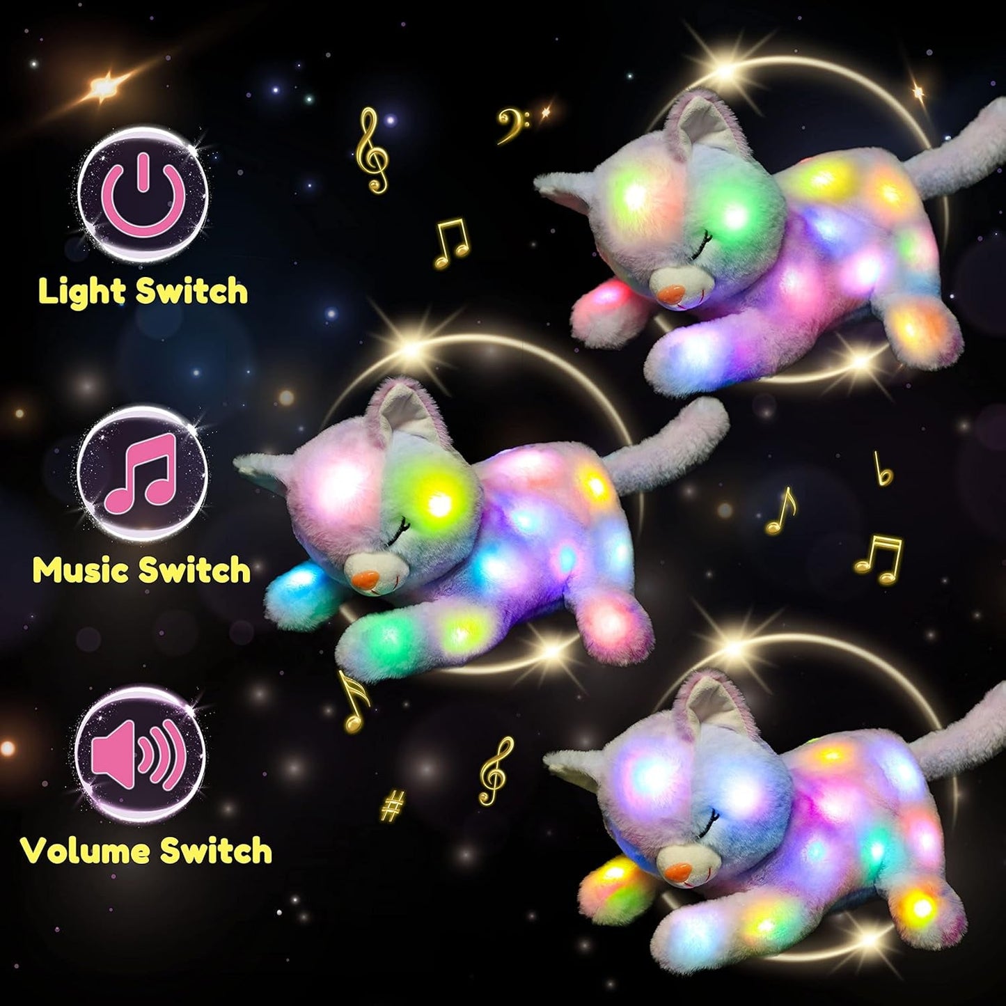 LED-muzikale pluche kat, licht zingend speelgoed, moederkat met 3 kittens in de buik, geanimeerd slaapliedje, rustgevend speelgoed voor moeders, kinderen, kleine meisjes, regenboog, 45 cm