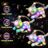LED-muzikale pluche kat, licht zingend speelgoed, moederkat met 3 kittens in de buik, geanimeerd slaapliedje, rustgevend speelgoed voor moeders, kinderen, kleine meisjes, regenboog, 45 cm