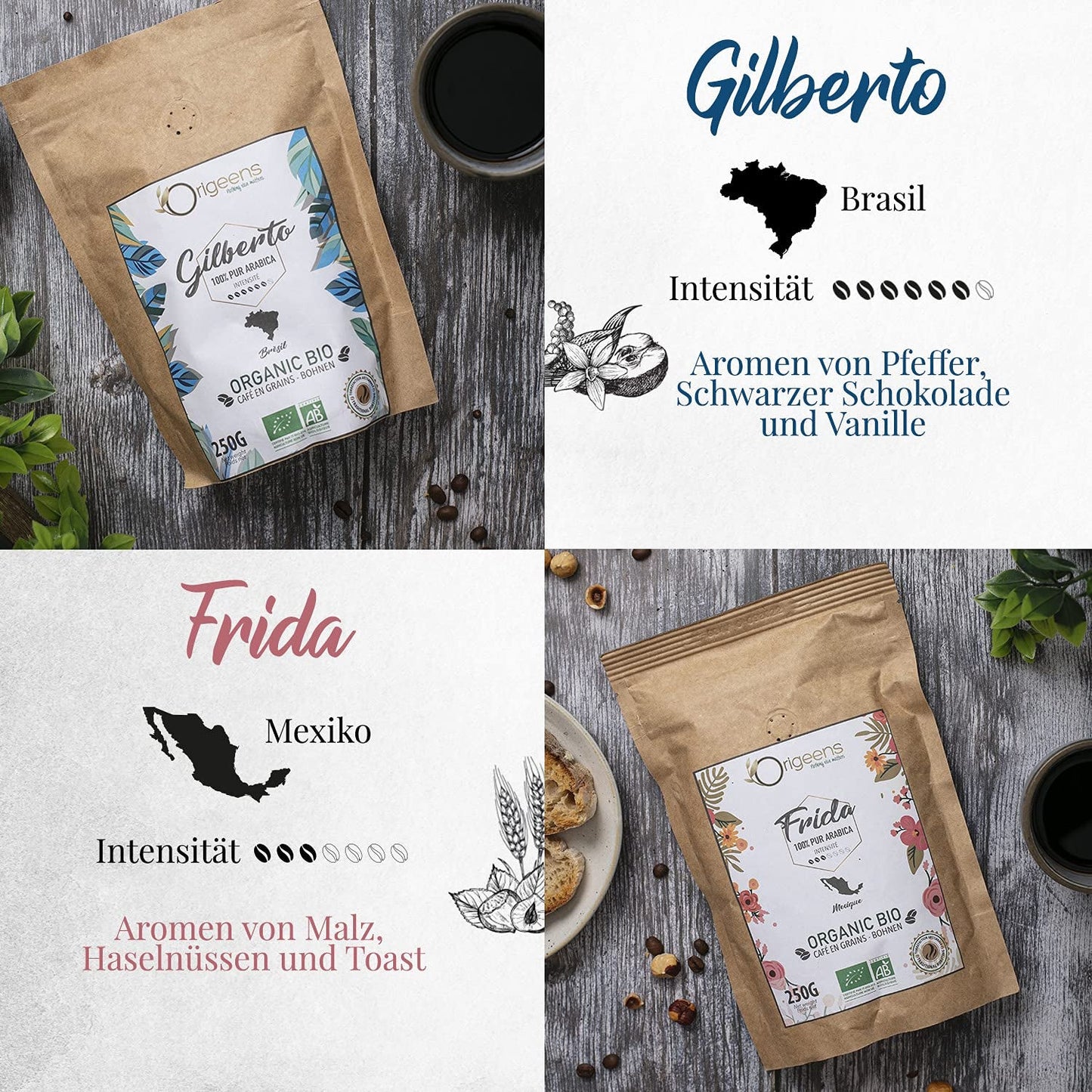 ORIGEENS Bio Kaffeebohnen Probierset 1kg | Premium Bio Arabica Kaffee Ganze Bohnen Set 4x250g | Traditionele Röstung | Kaffee Geschenkset