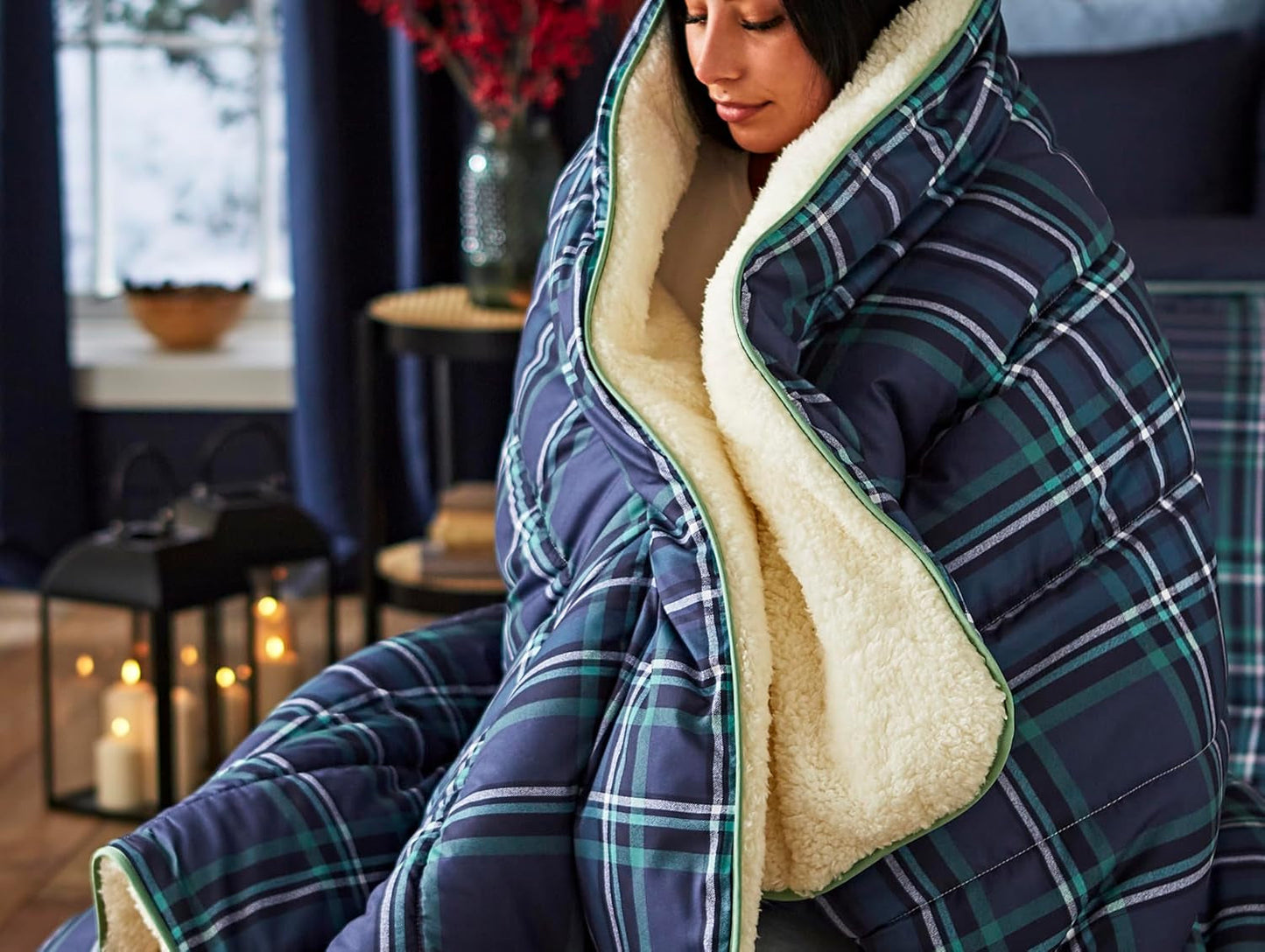 Night Lark Cozy Sherpa Fleece deken, klassieke rode tartan, 9 Tog, luxueus, pluizig, dik en omkeerbaar, perfect voor bank, bed, bank, bank. Hypoallergeen, wasbaar in de machine. Afmetingen: bedden en dekbedden Night Lark tartan klassiek marineblauw Eenpersoonsbed