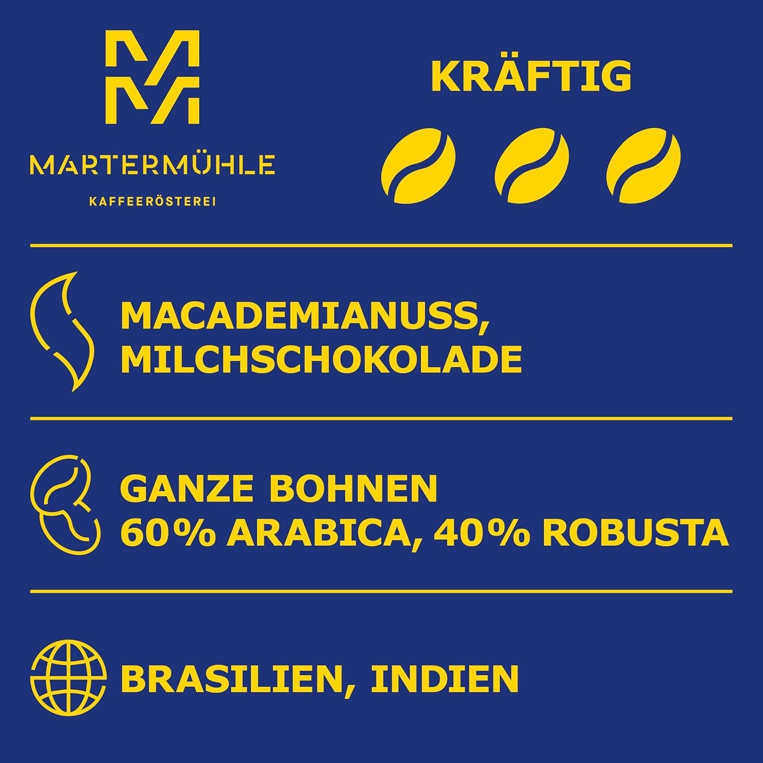 Espressobonen Martermühle Cioccolato 500g Sterk | Arabica/Robusta | Smaken: Macadamianoten, melkchocolade | Licht gebrande hele espressobonen, lage zuurgraad