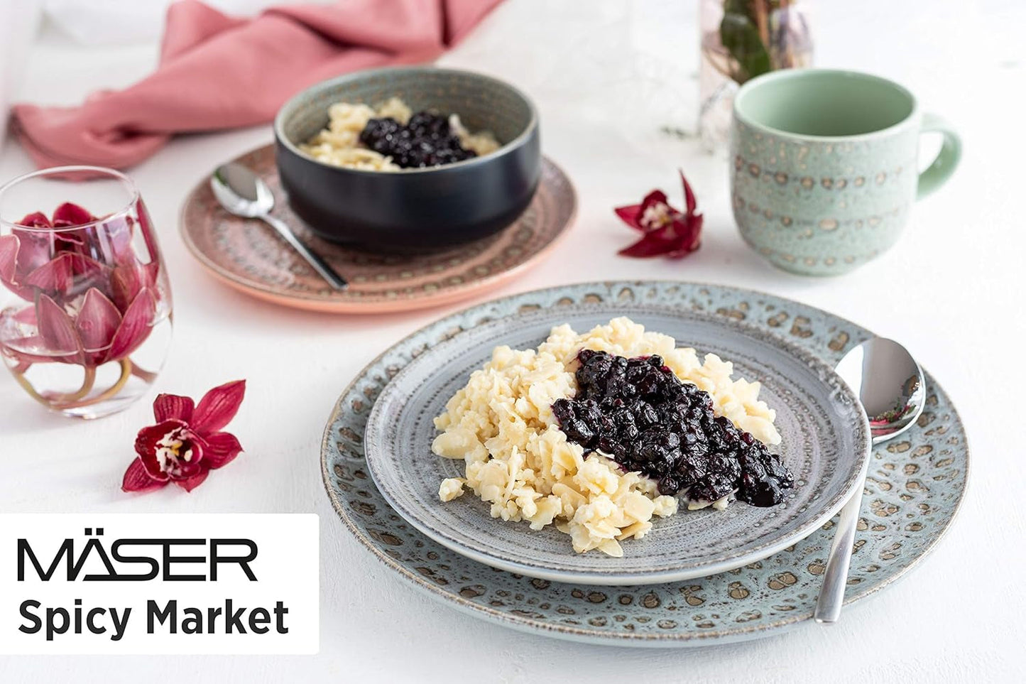 MÄSER 931744 Spicy Market-serie, handgeschilderde serviesset voor 4 personen in vintage mediterraan design, 16-delige keramische combinatieset, groen, steengoed