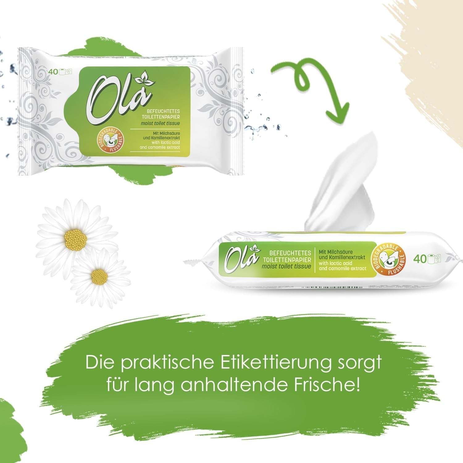 OLA nat toiletpapier - (1X40 stuks) Vochtige doekjes - kamille-extract en melkzuur, wasbaar, gevoelige huid - 40 stuks