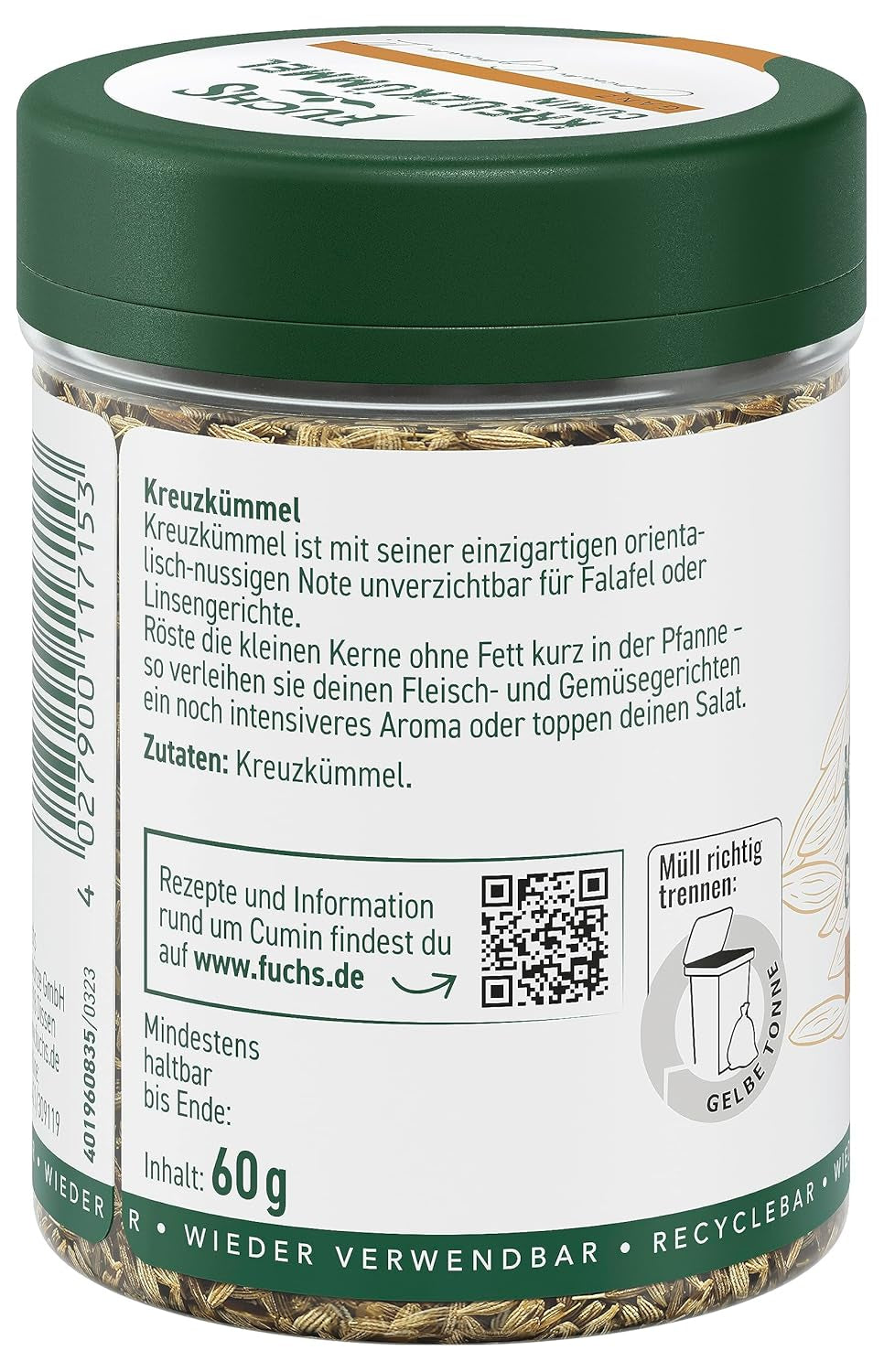 Fuchs Gewürze - Kreuzkümmel ganz - Orientalisch-nussige Note für Falafel und Linsengerichte - natuurlijke ingrediënten - 60 g in wiederverwendbarer, recyclebarer Dosis