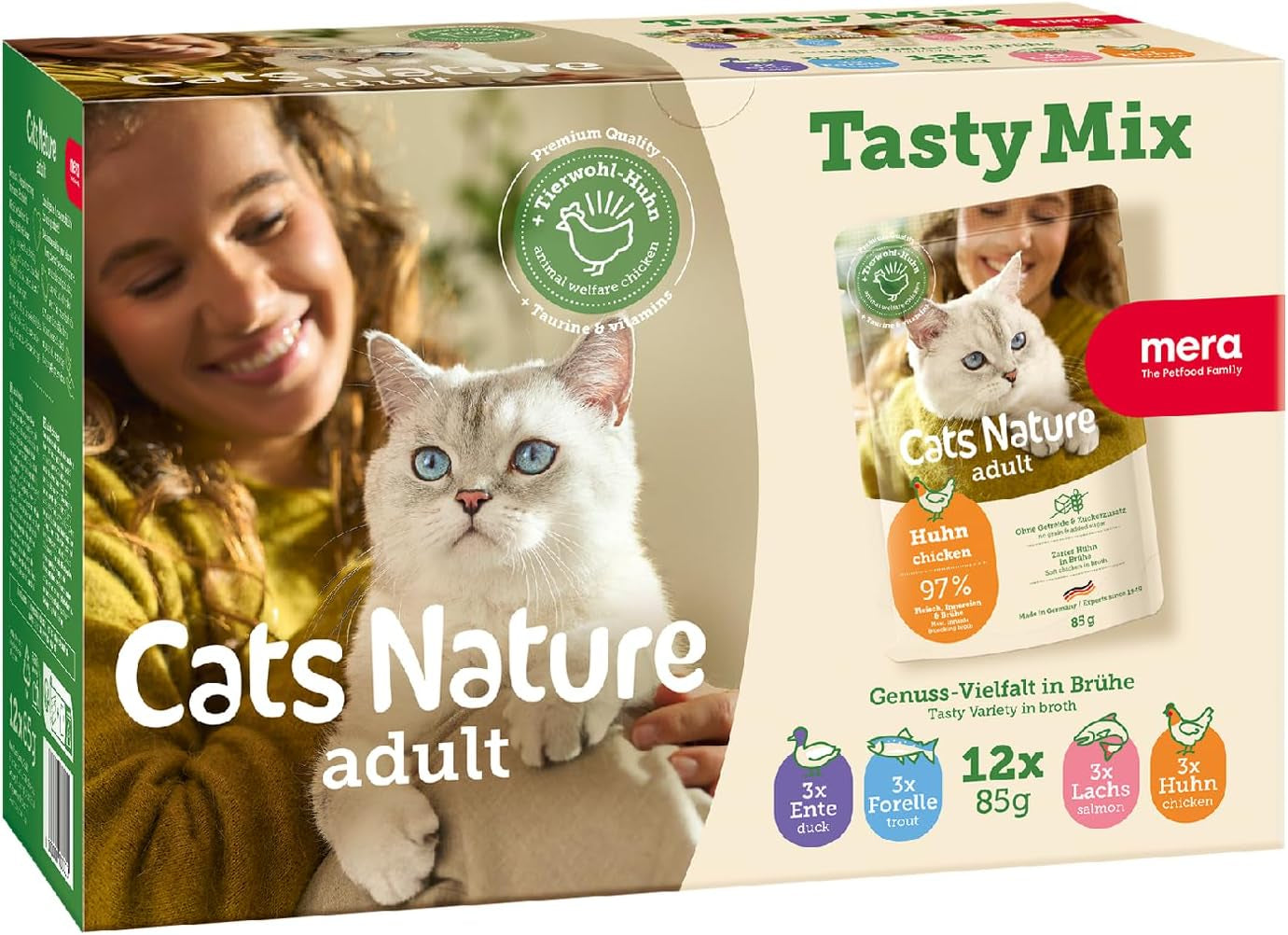 MERA Cats Nature Adult Lekker Mix Premium Natvoer voor Katten 12x85g | Suikervrij en graanvrij | Natvoer voor volwassen katten met een hoog vleesaandeel | Economy-pakket