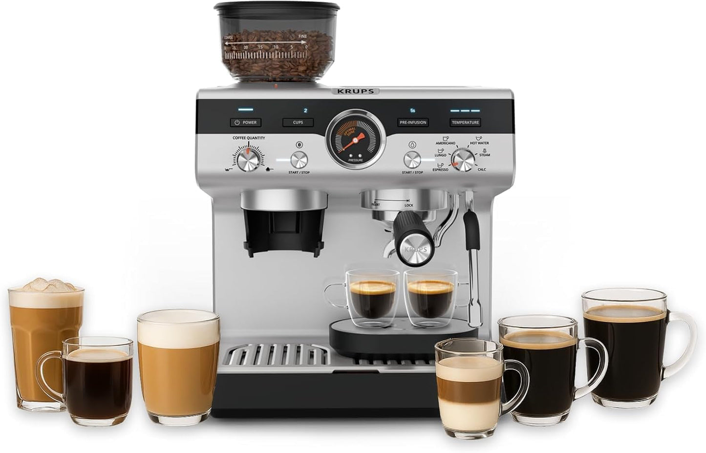 Krups Precision handmatige espressomachine met portafilter en molen, barista koffiemachine met intuïtief bedieningspaneel, pre-infusie instellingen, espressomachine met stoompijpje, snelle opwarming, XP801T10