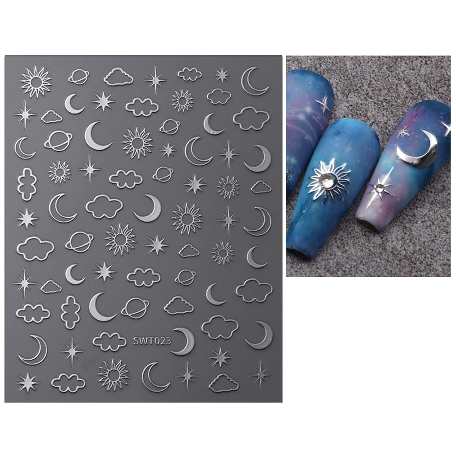 JMEOWIO Nagelsticker Mond Stern 9 Blatt Nail Art Sticker Selbstklebend Nagelaufkleber Bunter Decoratie Nageldesign Zubehör