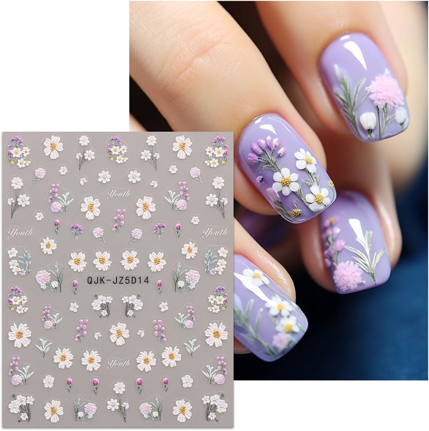 JMEOWIO 3D Nagelsticker Blumen Nail Art Sticker Selbstklebend Nagelaufkleber 5D Stereoskopisch Zomer Frühling Blumen Dekoration Nageldesign Zubehör 4 Blatt