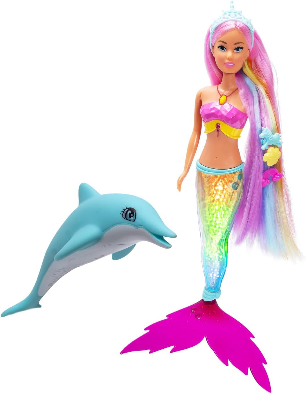 Simba Steffi Love Mermaiserende zeemeerminpop met regenbooglichtfunctie, extra lang haar, dolfijnfiguur en haarclips, 39 cm hoog, Try-Me-functie, vanaf 3 jaar