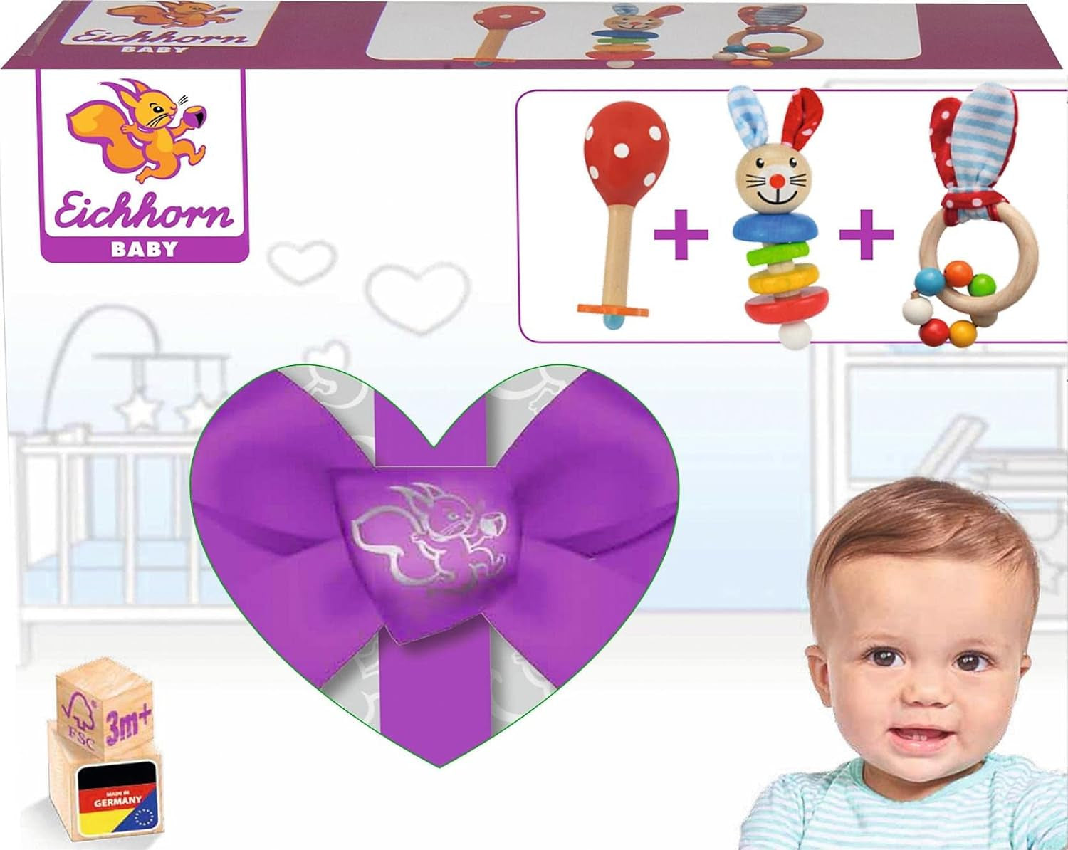 Eichhorn 100017045 - Baby starter/cadeauset met maraca, speelgoed met geluid en speelgoed met konijnenpatroon, 3 stuks, vanaf 3 maanden Speelgoed Bebe Naty Shop