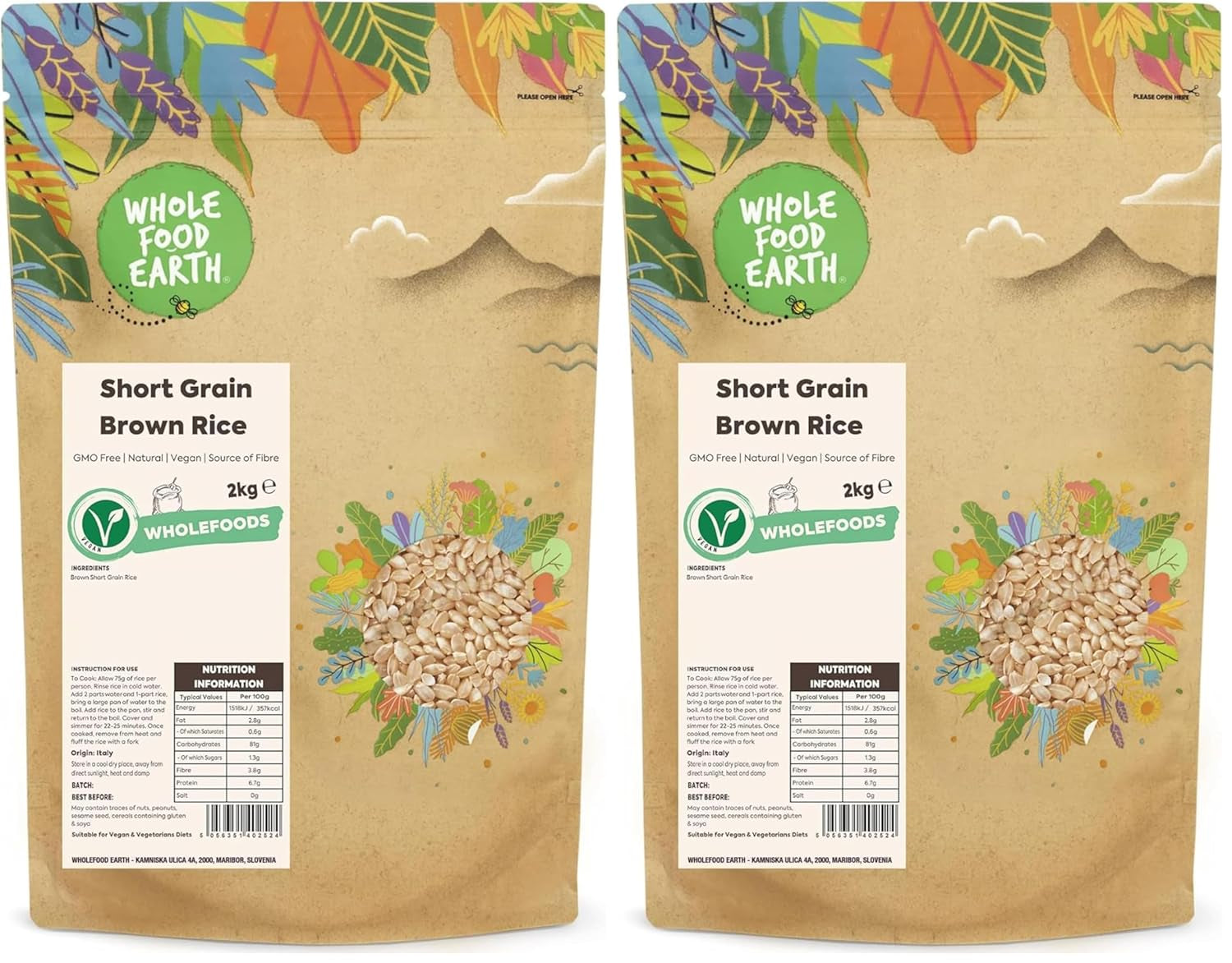 Wholefood Earth kortkorrelige bruine rijst - non-GMO - natuurlijk - vegan - zuivelvrij - geen toegevoegde suikers, 2 kg