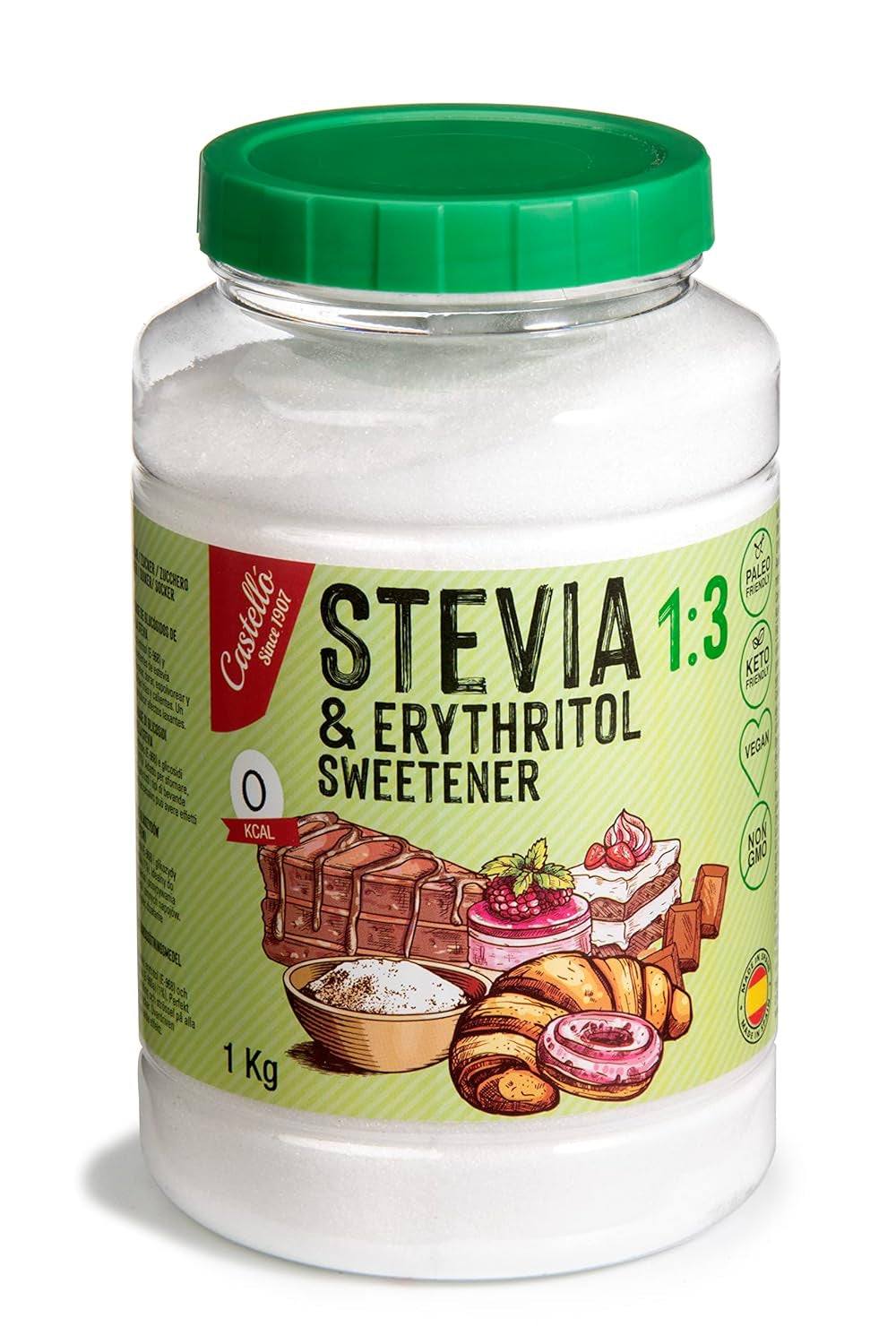 Stevia + Erythritol 1:3 Süßstoff | 1G = 3G Zucker | 100% Natürlicher Zuckerersatz - 0 Kalorien - 0 Glykämischer Index - Keto en Paleo - 0 Netto-Kohlenhydraat - Kein GVO - Castello sinds 1907 - 1 Kg Zoetstoffen Naty Shop Standaardtitel