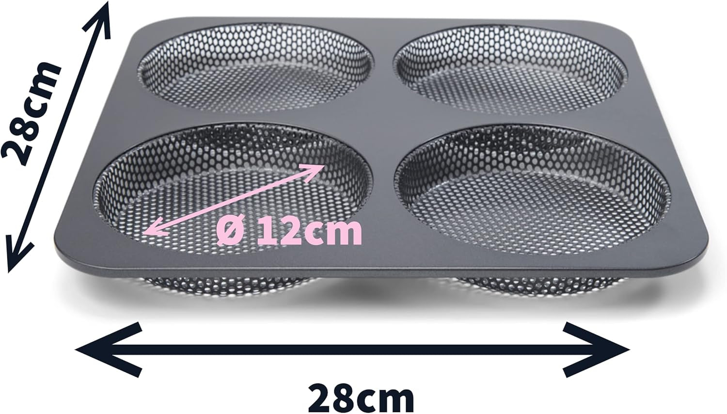 Hamburgerbrötchen, Perforiert, Antihaftbeschichte, 4 Runde Mulden Mit Je 12 Cm, Pfannengröße 28 X 28 Cm, 2.5 Cm Tief, Mittelgroß, Schwarz Vormen en bakplaten Naty Shop