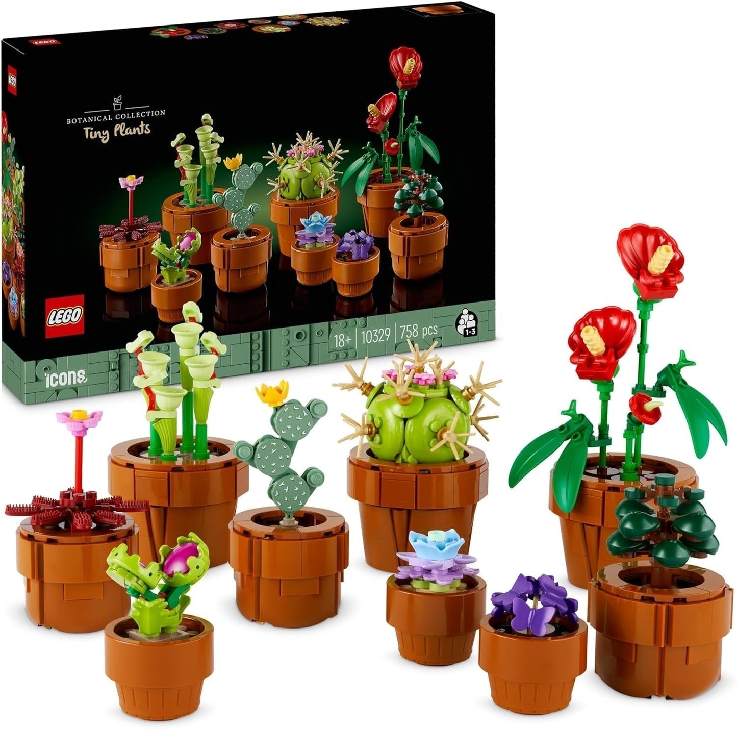 LEGO Icons Miniplanten, 9 bouwbare kunstbloemen, botanische collectieset voor volwassenen met bouwbare terracotta potten, woondecoraties, cadeau voor dames en heren 10329 Bouwsets Bekijk de LEGO-Store Miniplanten