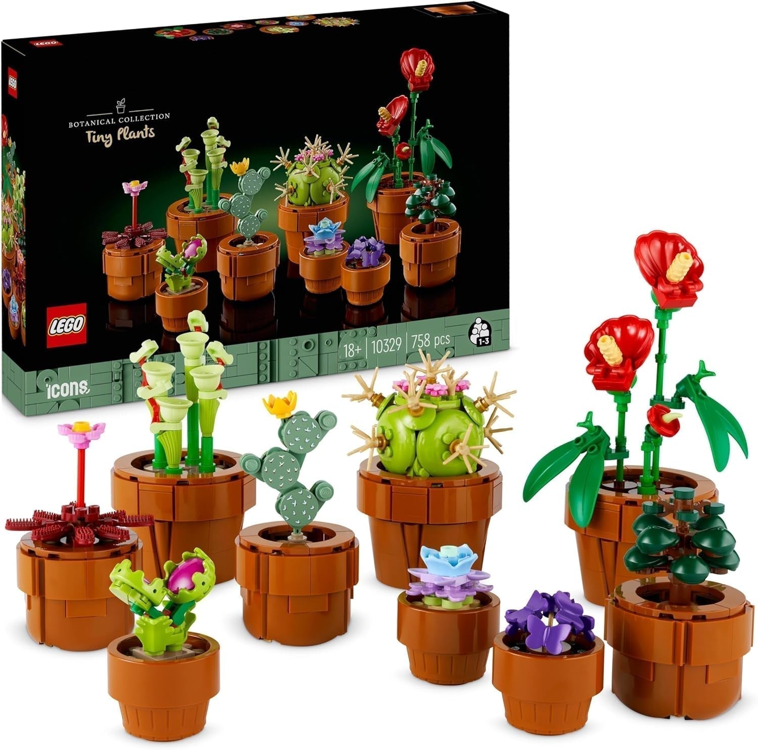 LEGO Icons Miniplanten, 9 bouwbare kunstbloemen, botanische collectieset voor volwassenen met bouwbare terracotta potten, woondecoraties, cadeau voor dames en heren 10329 Bouwsets Bekijk de LEGO-Store Miniplanten