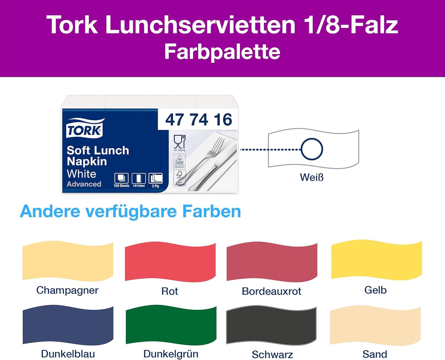 Tork Soft Lunchservet Wit, 1/8 vouw, 3-laags, 33 cm x 33 cm, 150 servetten, 477416