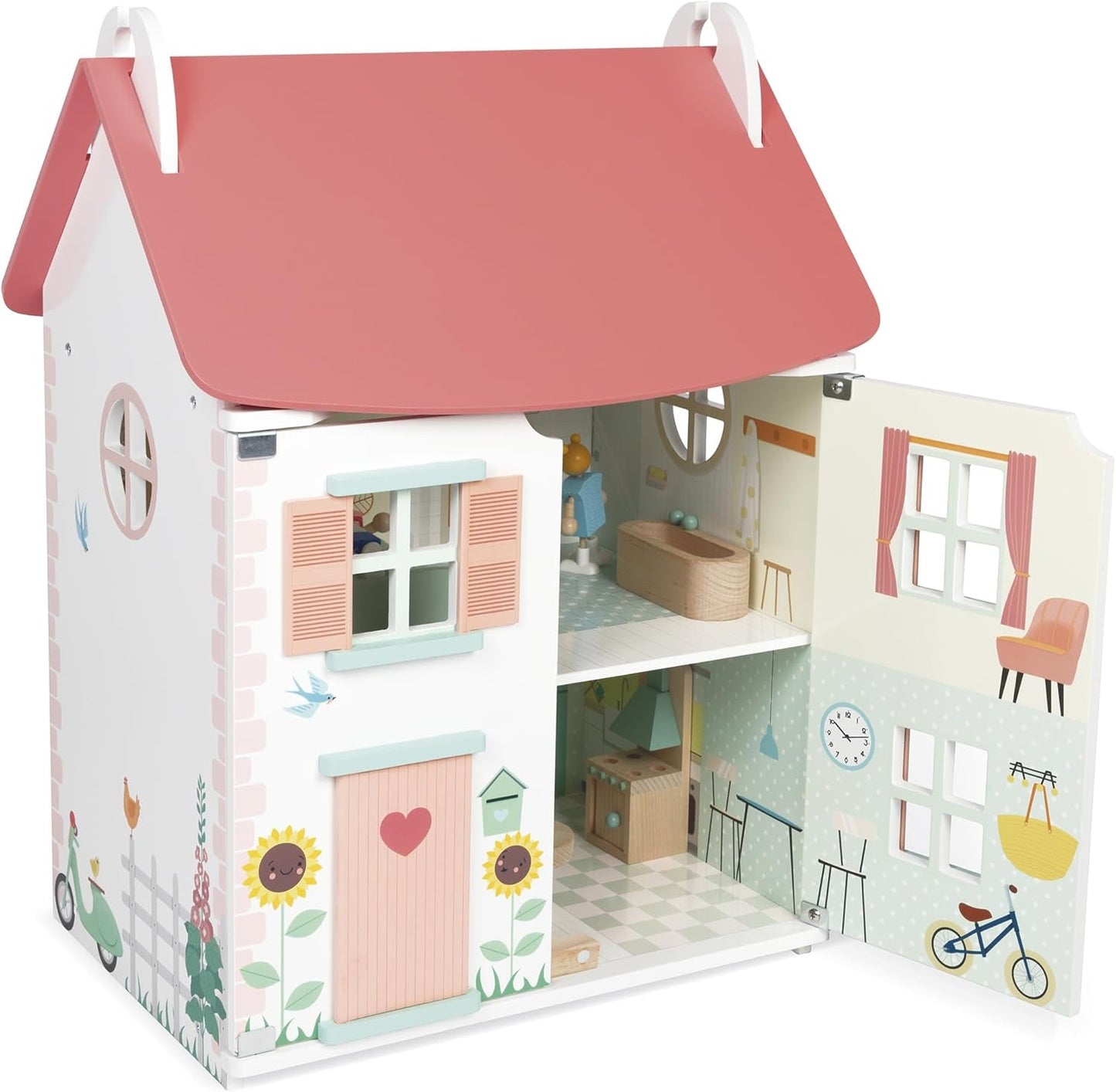Janod - Mijn eerste houten poppenhuis - 10 accessoires - Poppenmeubels - Magnetische deuren en afneembaar dak - FSC-gecertificeerd houten speelgoed - Vanaf 3 jaar