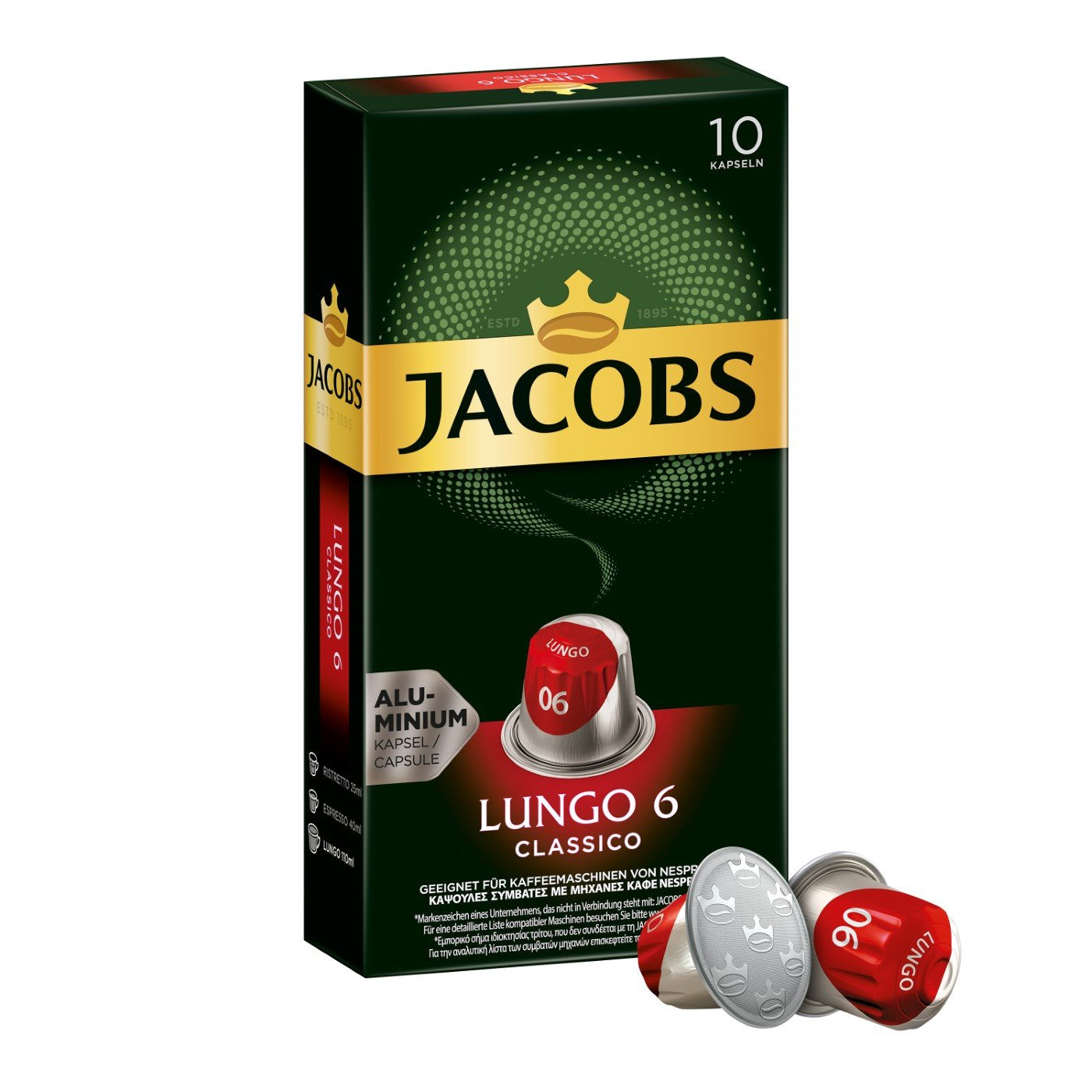 Jacobs Kapseln Lungo Intenso, Intensität 8 & Kapseln Lungo Classico, Intensität 6, 100 Nespresso®* compatibele Kaffeekapseln, 10er Pack, 10 x 10 Getränke