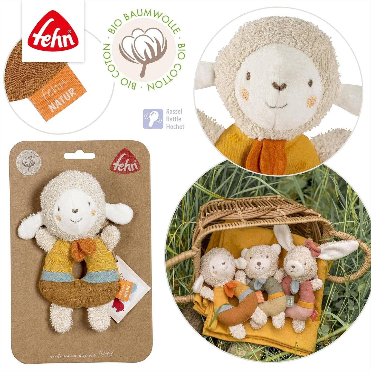 Fehn babygrijpring schapenspeelgoed fehnNATUR - knuffel van biologisch katoen - babyspeelgoed met bel en speels leerspeeltje - gripspeelgoed voor baby's en peuters vanaf 0+ maanden Babyspeelgoed Naty Shop