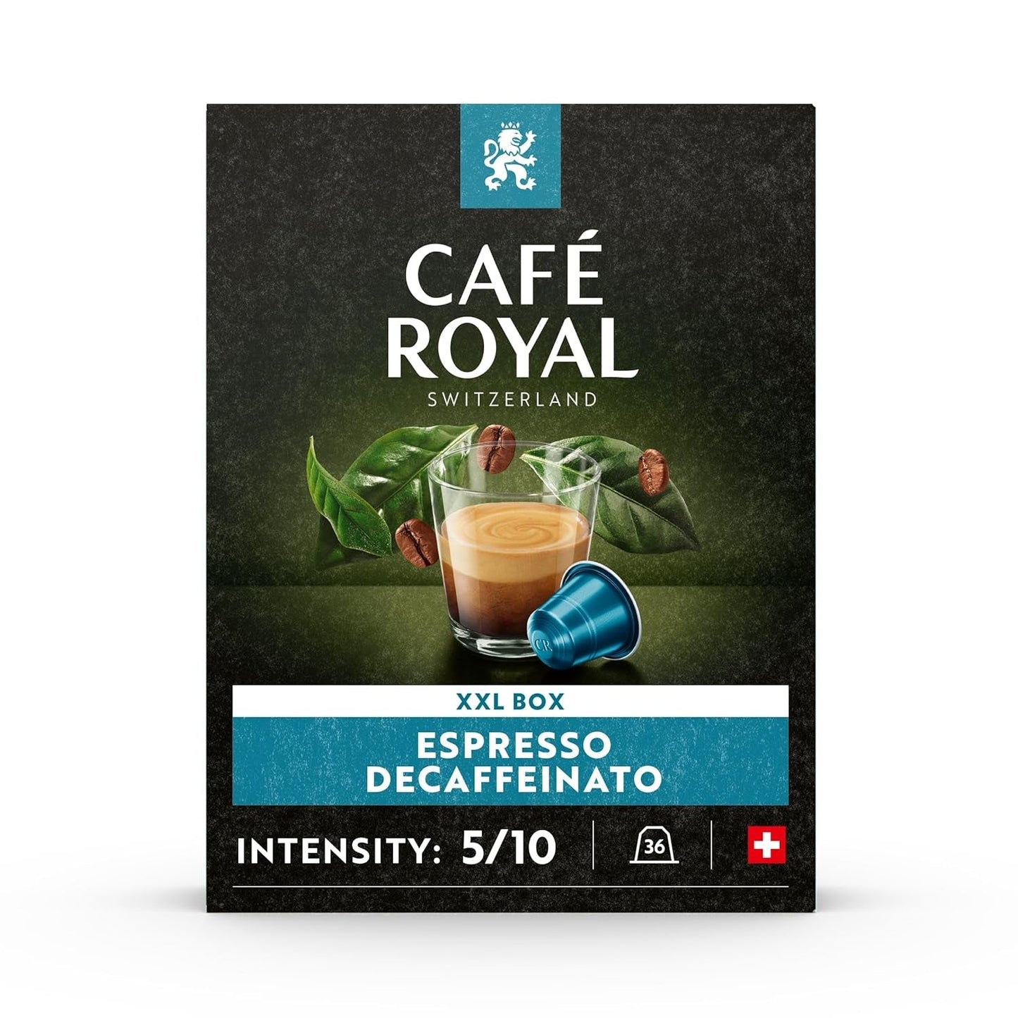 Café Royal Espresso Decaffeinato 36 Kapseln für Nespresso Kaffee Machine - 5/10 Intensiteit - UTZ-zertifiziert Kaffeekapseln aus Aluminium (Packung mit 2)