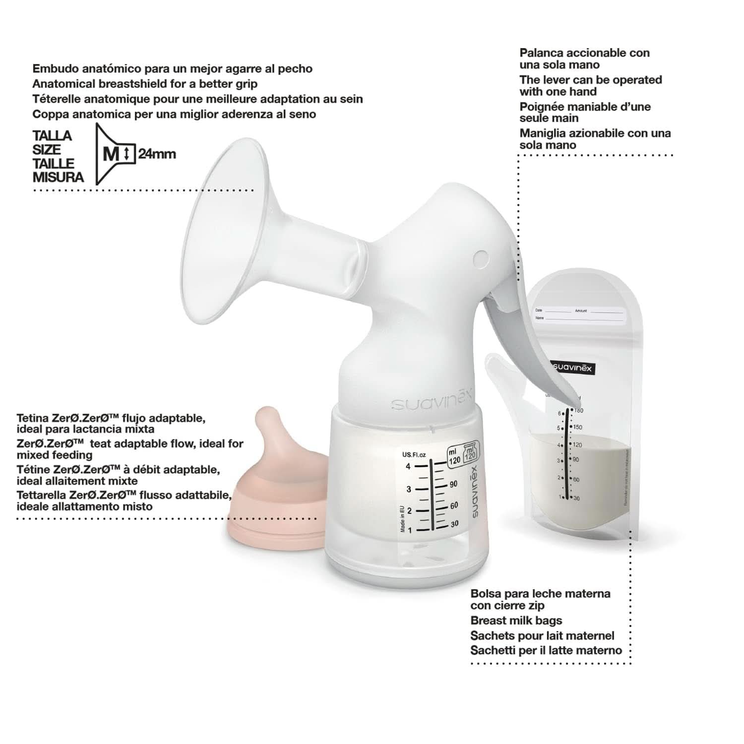 Suavinex, Moederborstkolf, 120 ml, met regelbare stroom Voeding en borstvoedingsaccessoires Bebe Naty Shop