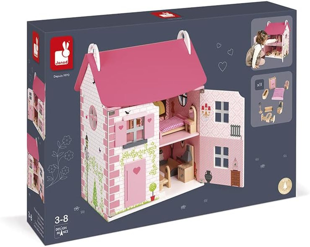 Janod - Mademoiselle houten poppenhuis, 3 verdiepingen en 11 accessoires, replica speelgoed, stimuleert de verbeelding, vanaf 3 jaar, J06581, Roze Naty Shop poppenhuizen