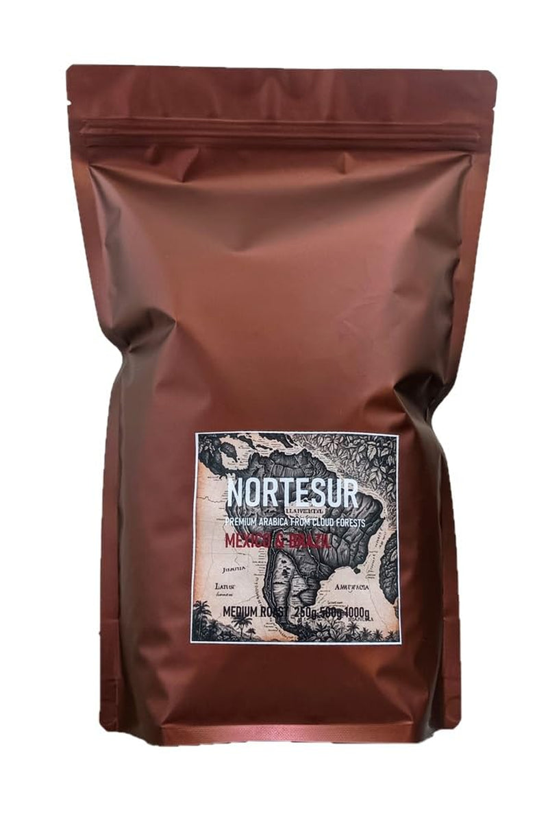 Norte Sur koffie, sterke koffie voor dagelijks malen. 100% Arabica uit Mexico en Brazilië.