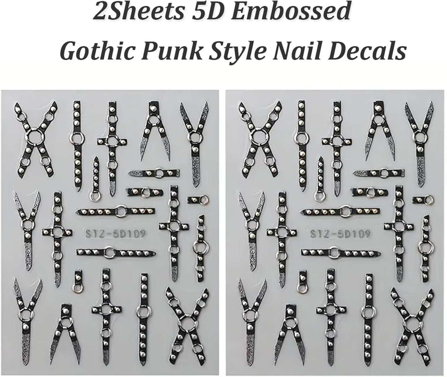 2PCS 5D Reliëf Gothic Punk Nagelsticker, Nagelsticker Selbstklebend Kreuz en X-Form Halloween Nagelaufkleber, Nageldesign Zubehör Für Damen Nail Art
