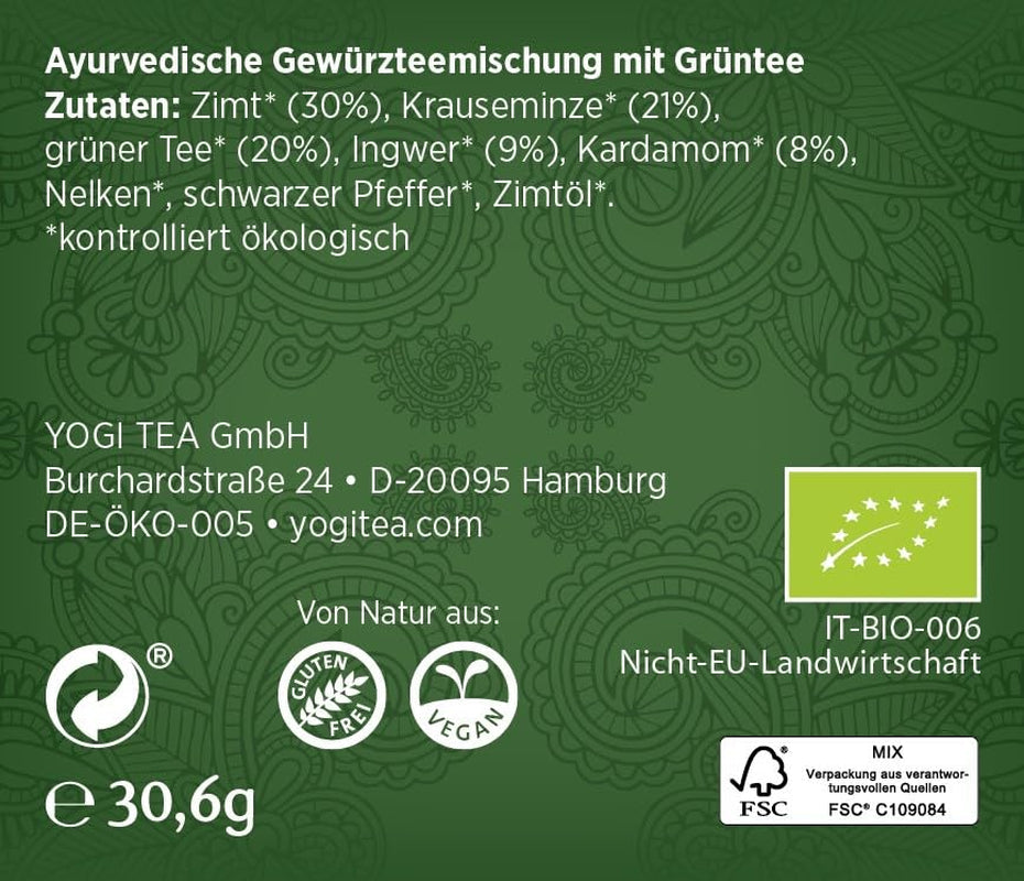Yogi Tea Green Chai, biologische ayurvedische gekruide thee, mix van kaneel, munt, groene thee, gember, kardemom en kruidnagel, 6X17 theezakjes (102 theezakjes totaal)